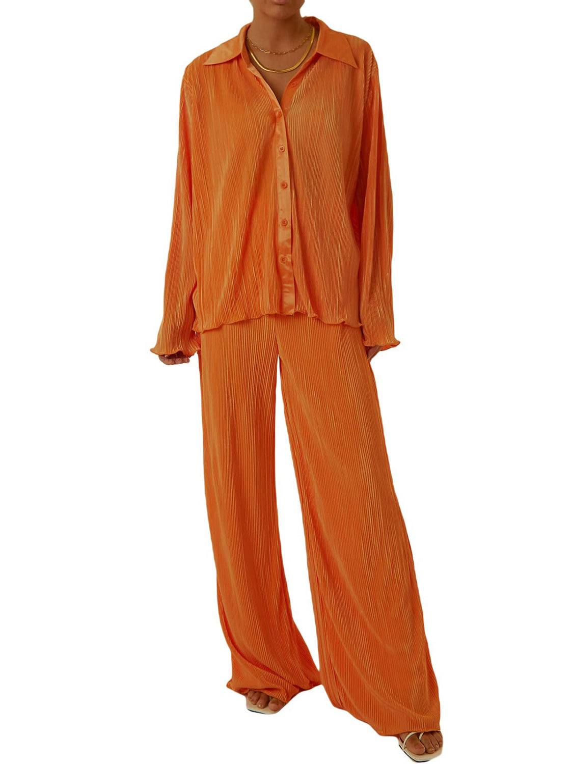 Collared neck long sleeve top and pants lounge set in orange, buttoned design, two-piece, polyester material.