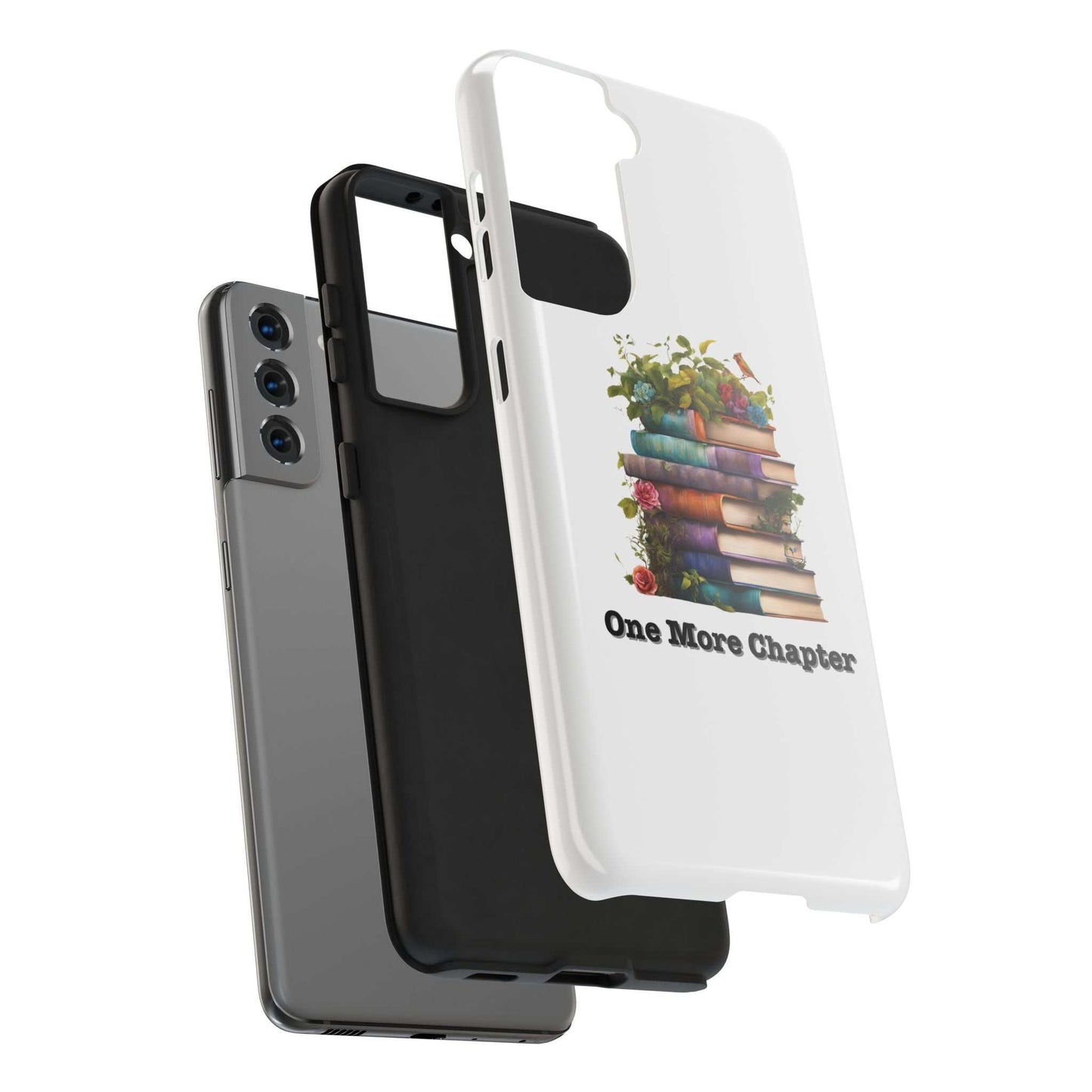 Phone case with 'One More Chapter' book pile design for book lovers.