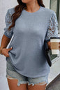 Plus size openwork round neck half sleeve blouse in blue with detailed sleeves.