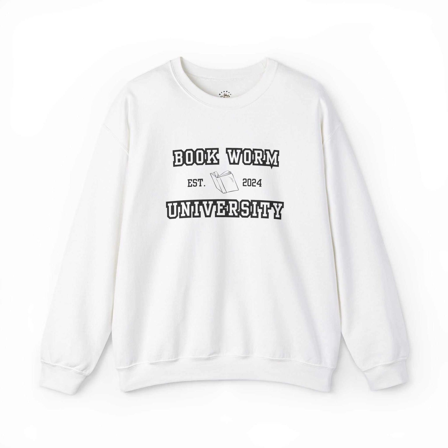 Bookworm University Crewneck Sweatshirt with Est 2024 design, cozy cotton-poly blend, perfect for book lovers.