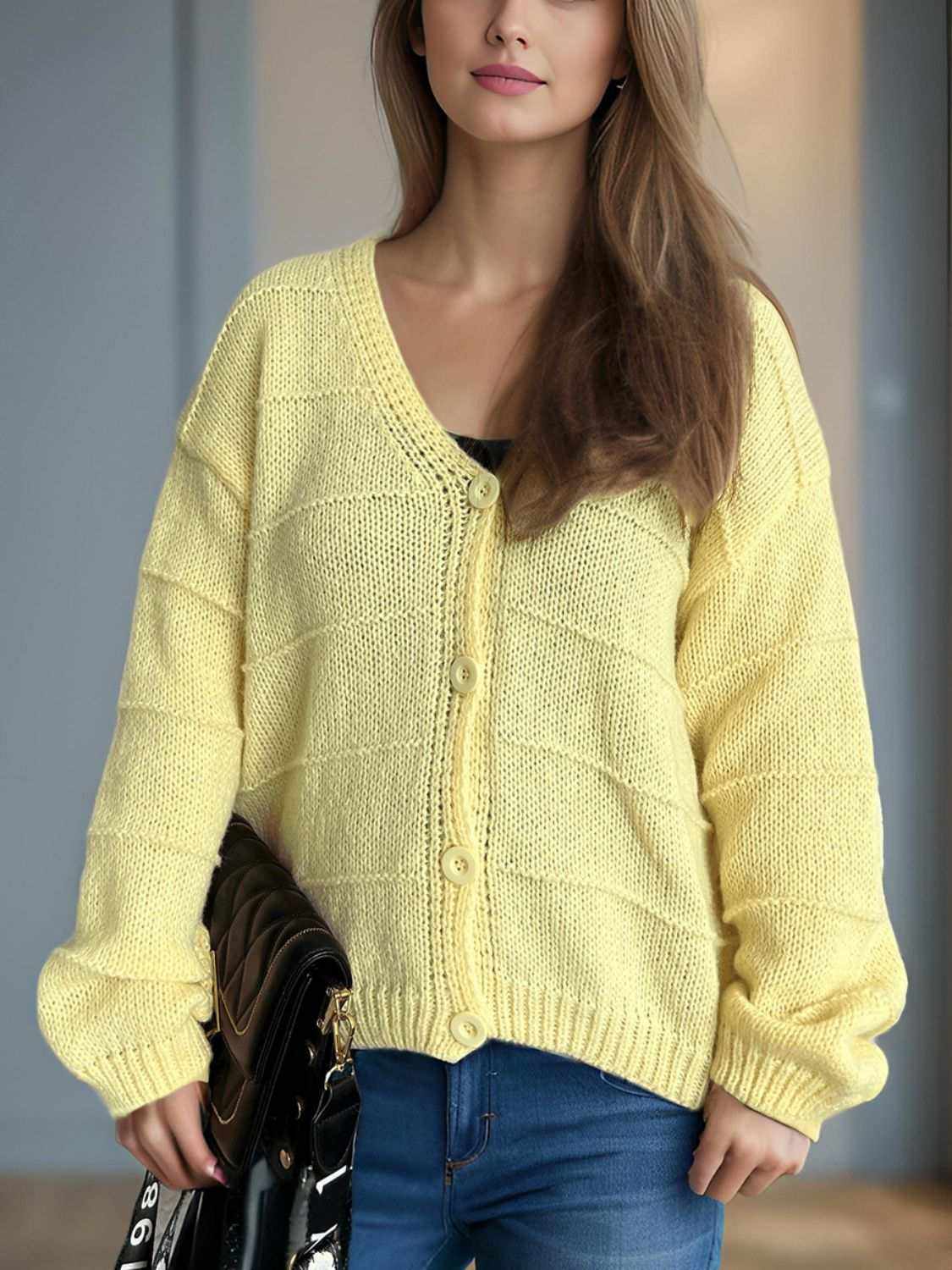 V-Neck Long Sleeve Cardigan in yellow with button-down front.