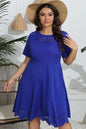 Plus size round neck openwork dress in blue, featuring a slightly stretchy, opaque material.