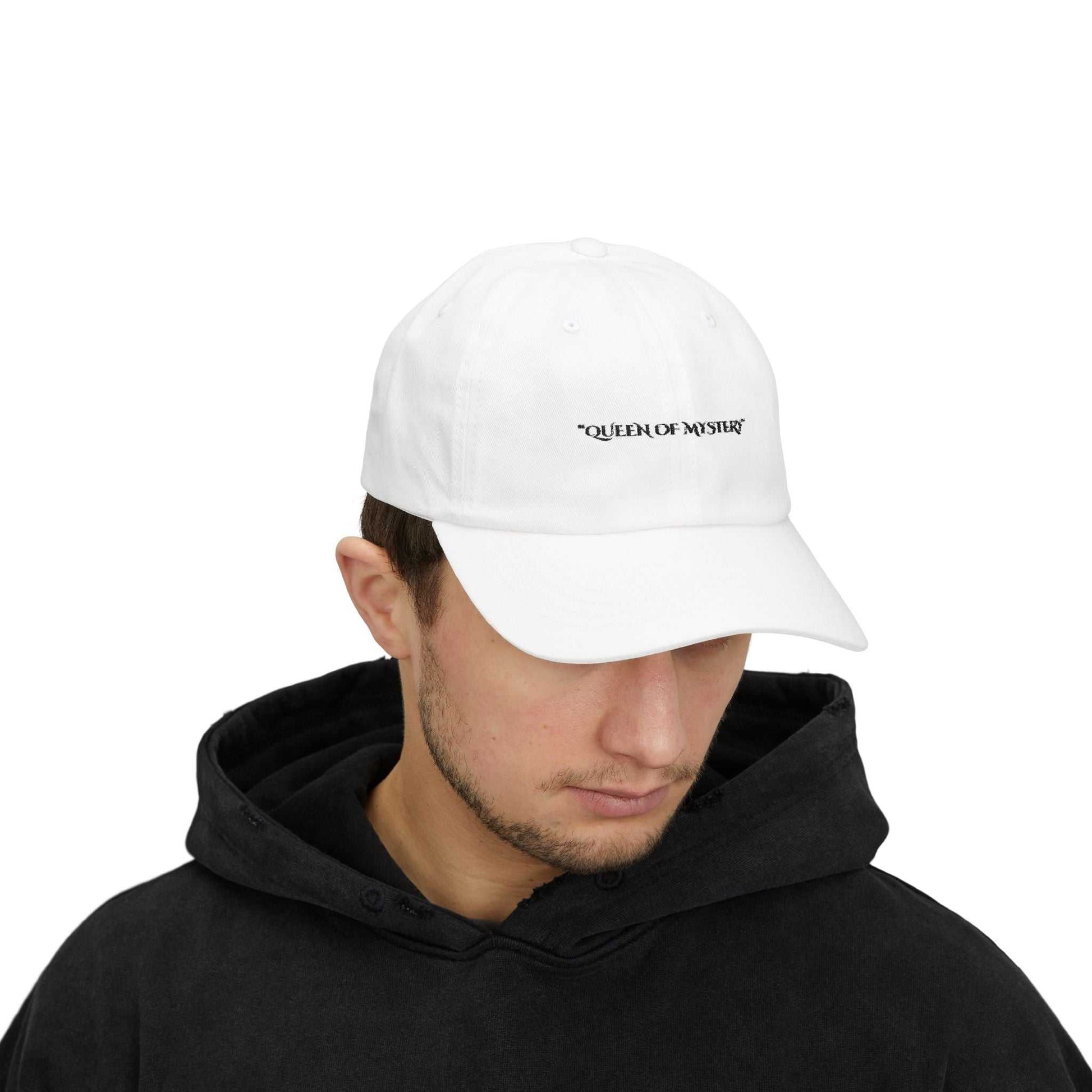 Classic Dad Cap with "Queen of Mystery" text, featuring a 6-panel structure and adjustable snap closure for a comfortable fit.