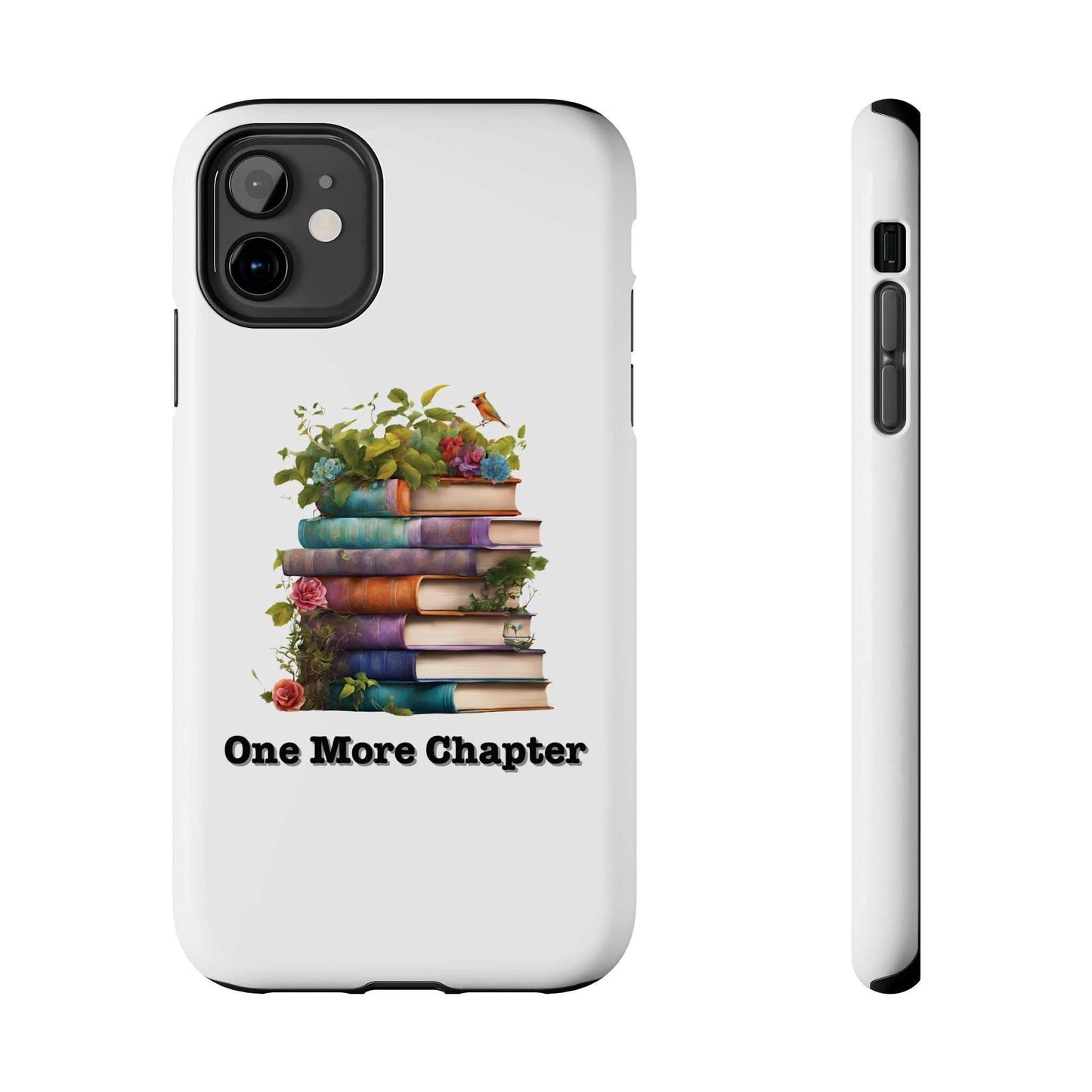 Phone case with book pile design and "One More Chapter" text, ideal for book lovers.