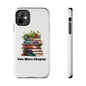 Phone case with book pile design and "One More Chapter" text, ideal for book lovers.