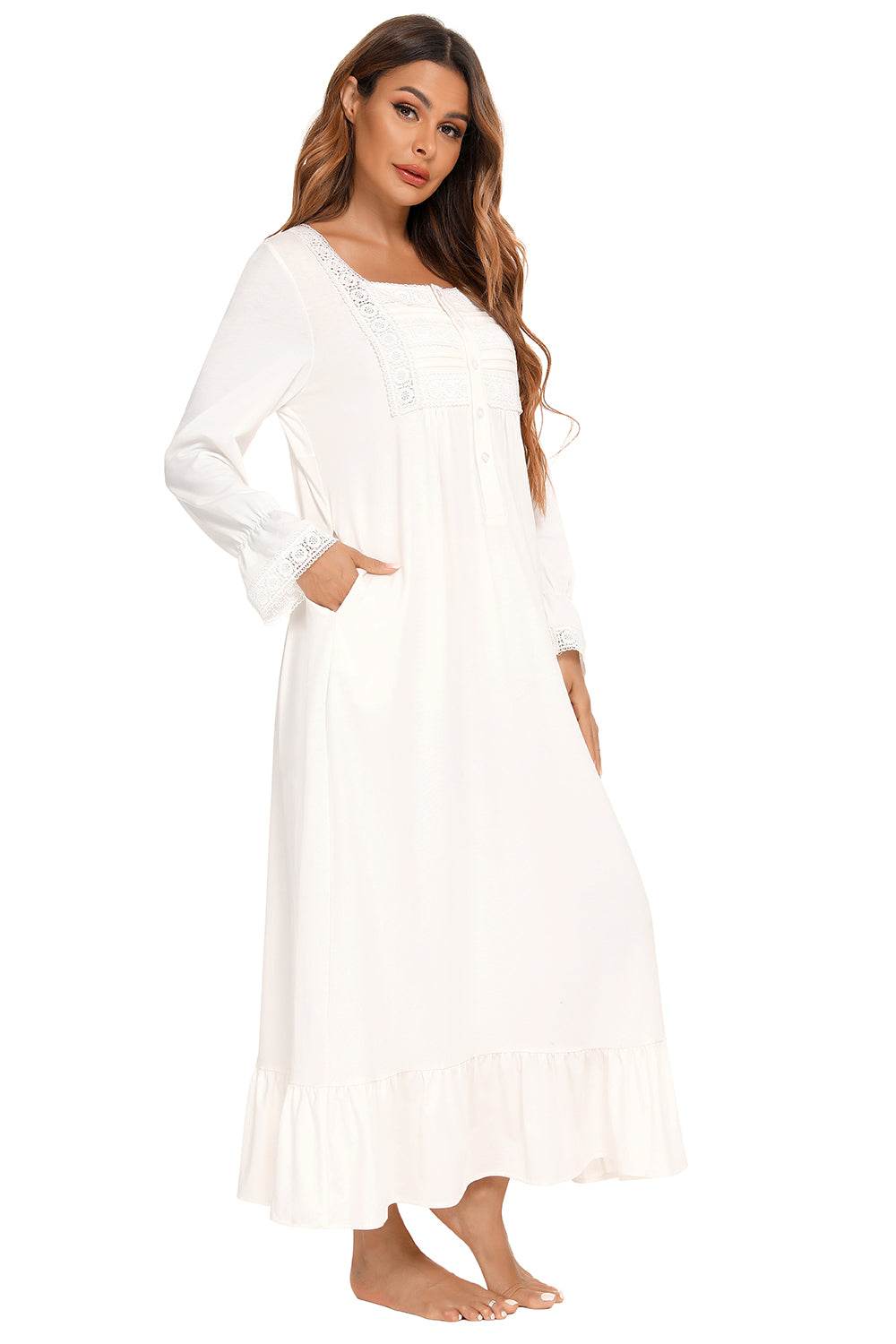 Lace Detail Square Neck Flounce Sleeve Night Dress in white with lace accents.