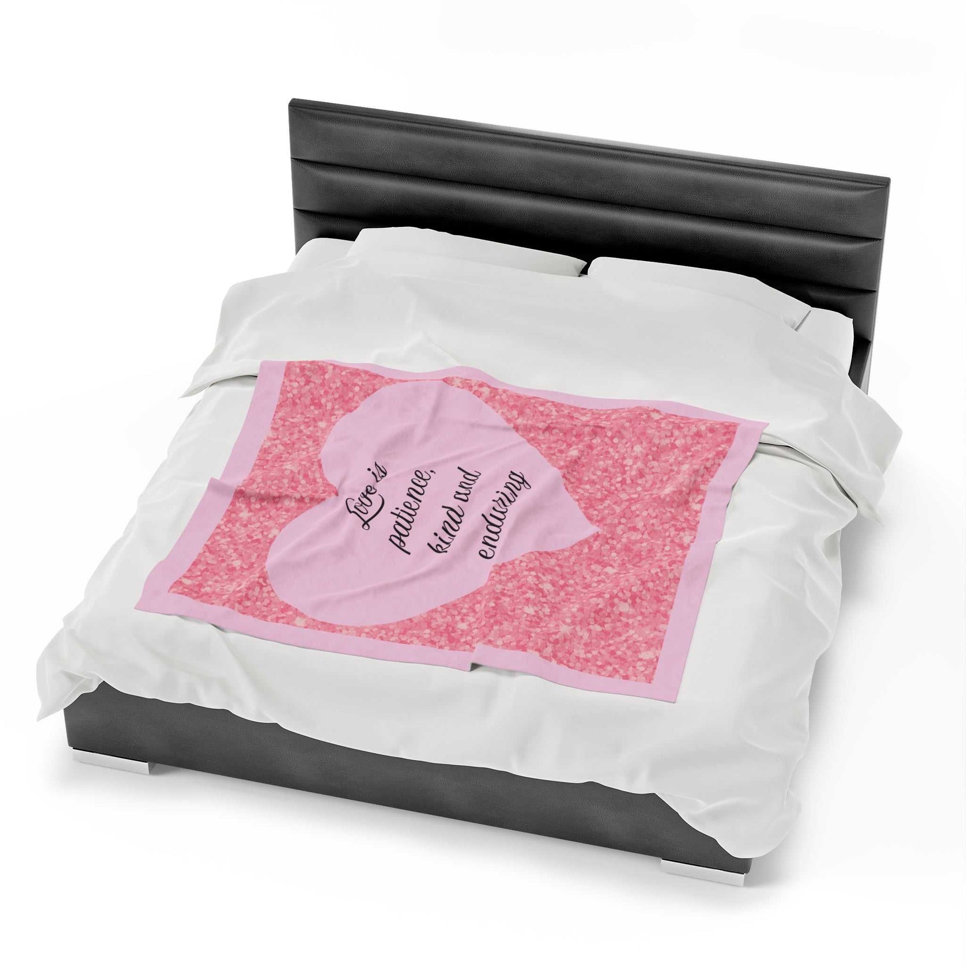 Plush blanket with pink heart and "Love is patience, kind and enduring" text, hot blush pink glitter design.