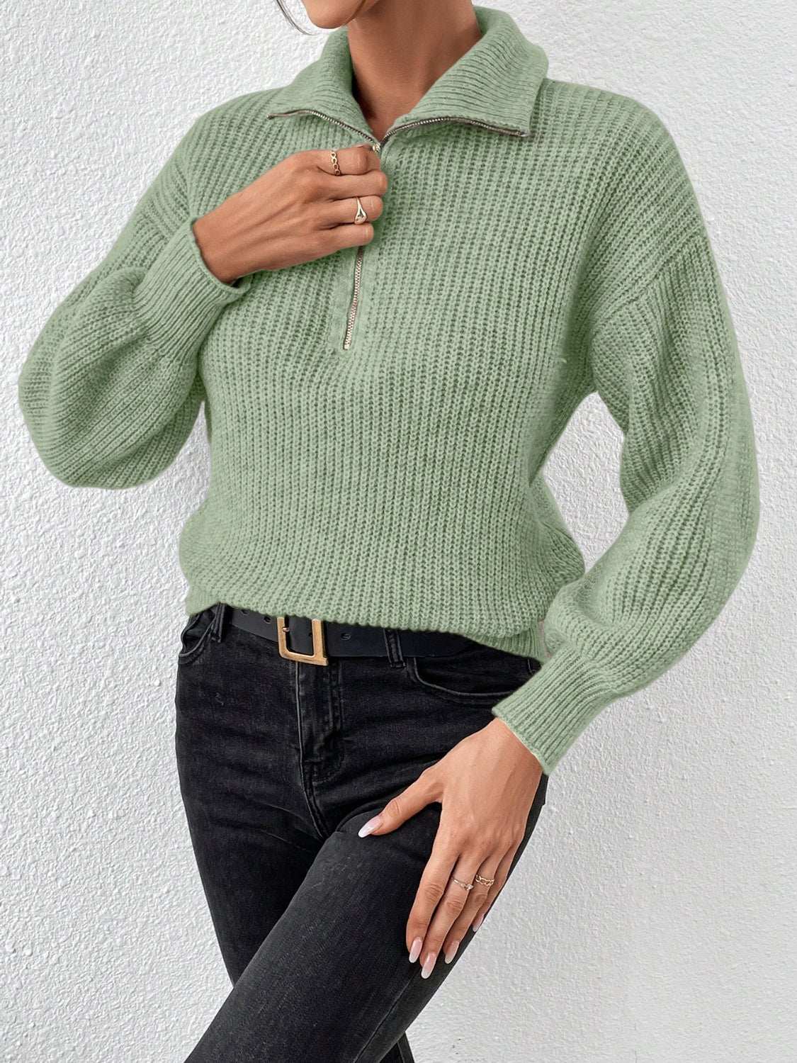 Honey Half Zip Dropped Shoulder Sweater Matcha Green