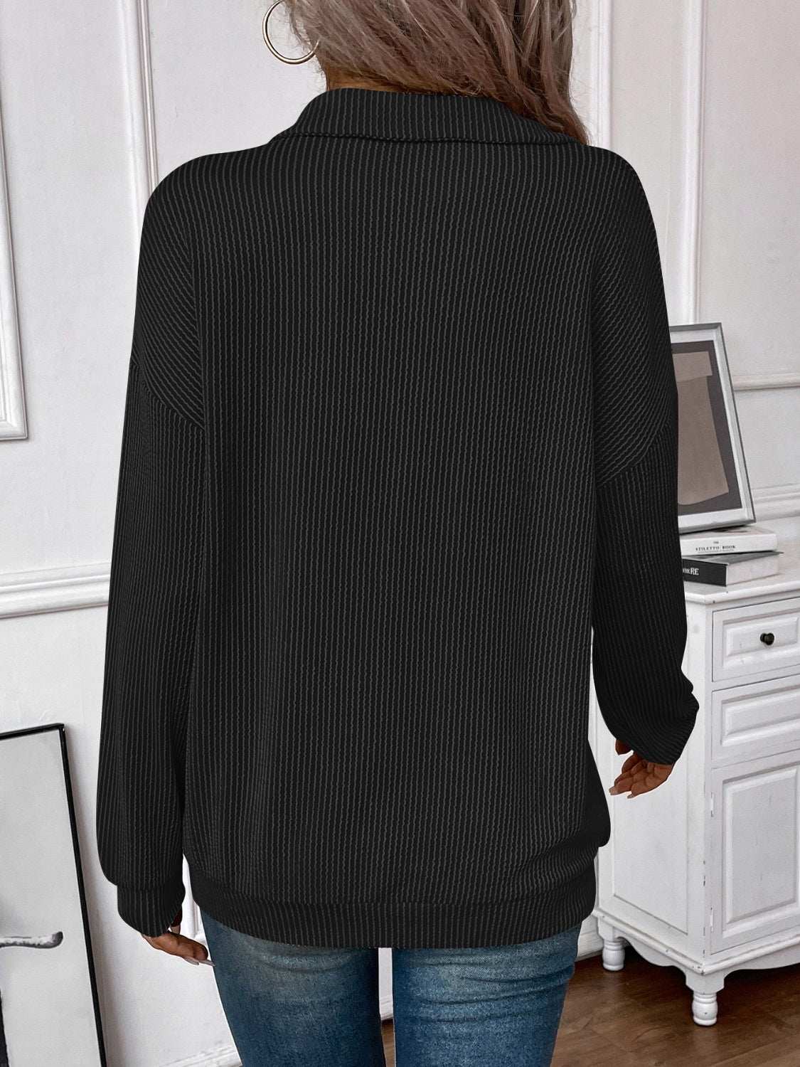 Double Take Striped Half Zip Long Sleeve T-Shirt Success Black