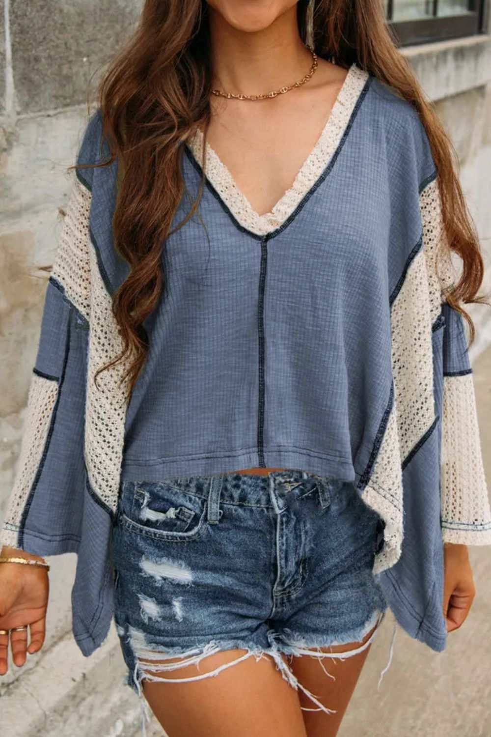 Lace Detail Contrast V-Neck Long Sleeve Blouse