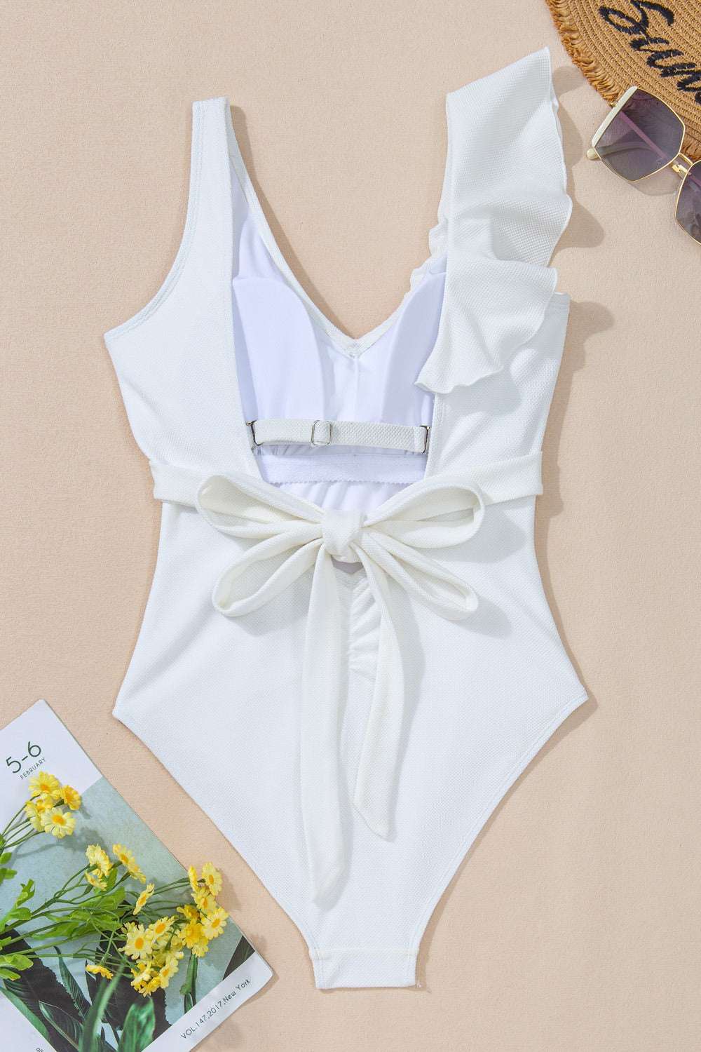 Ruffled V-Neck Wide Strap One-Piece Swimwear with removable padding and tie detail.