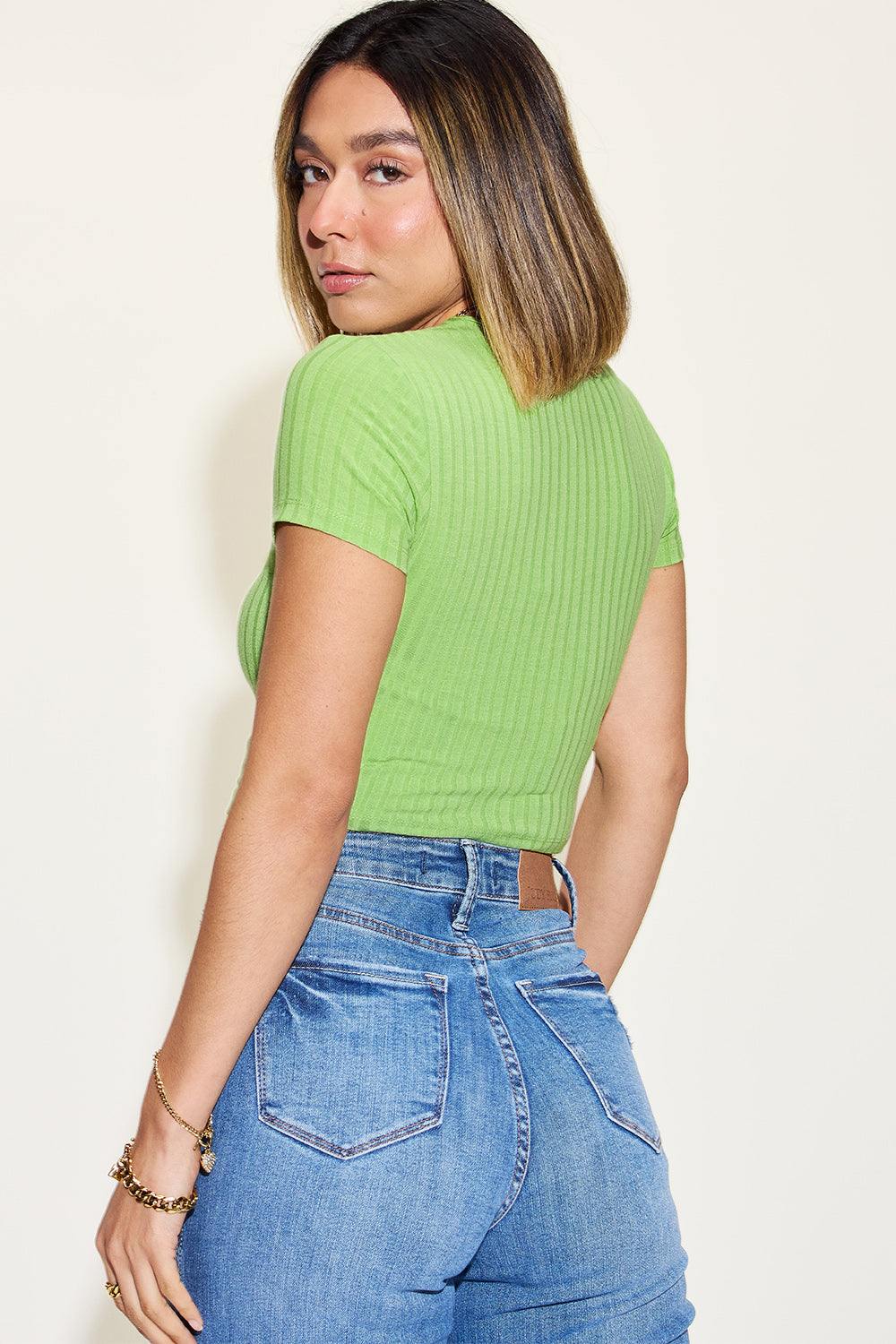 Ribbed short sleeve round neck t-shirt in green from Basic Bae, back view.