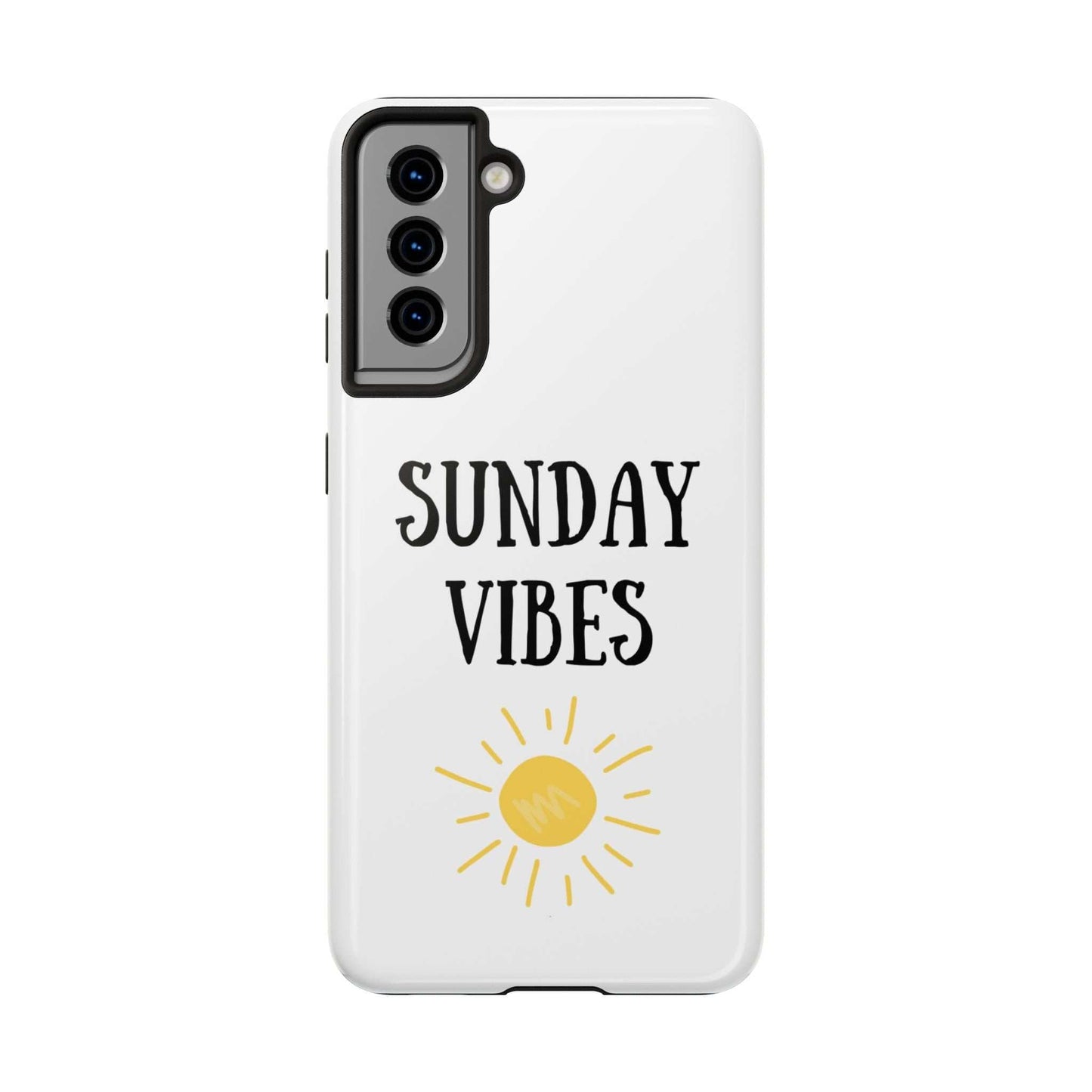 Phone case with 'Sunday Vibes' sun graphic design, durable Lexan plastic.