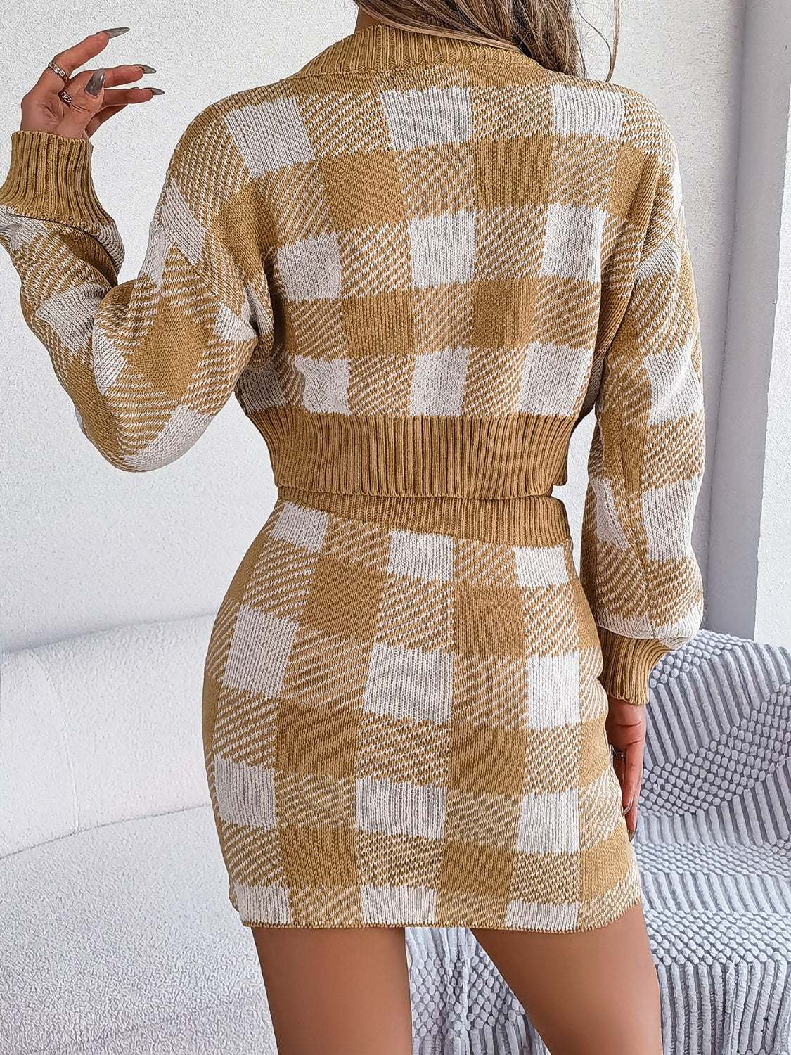 Plaid Round Neck Top and Skirt Sweater Set Khaki