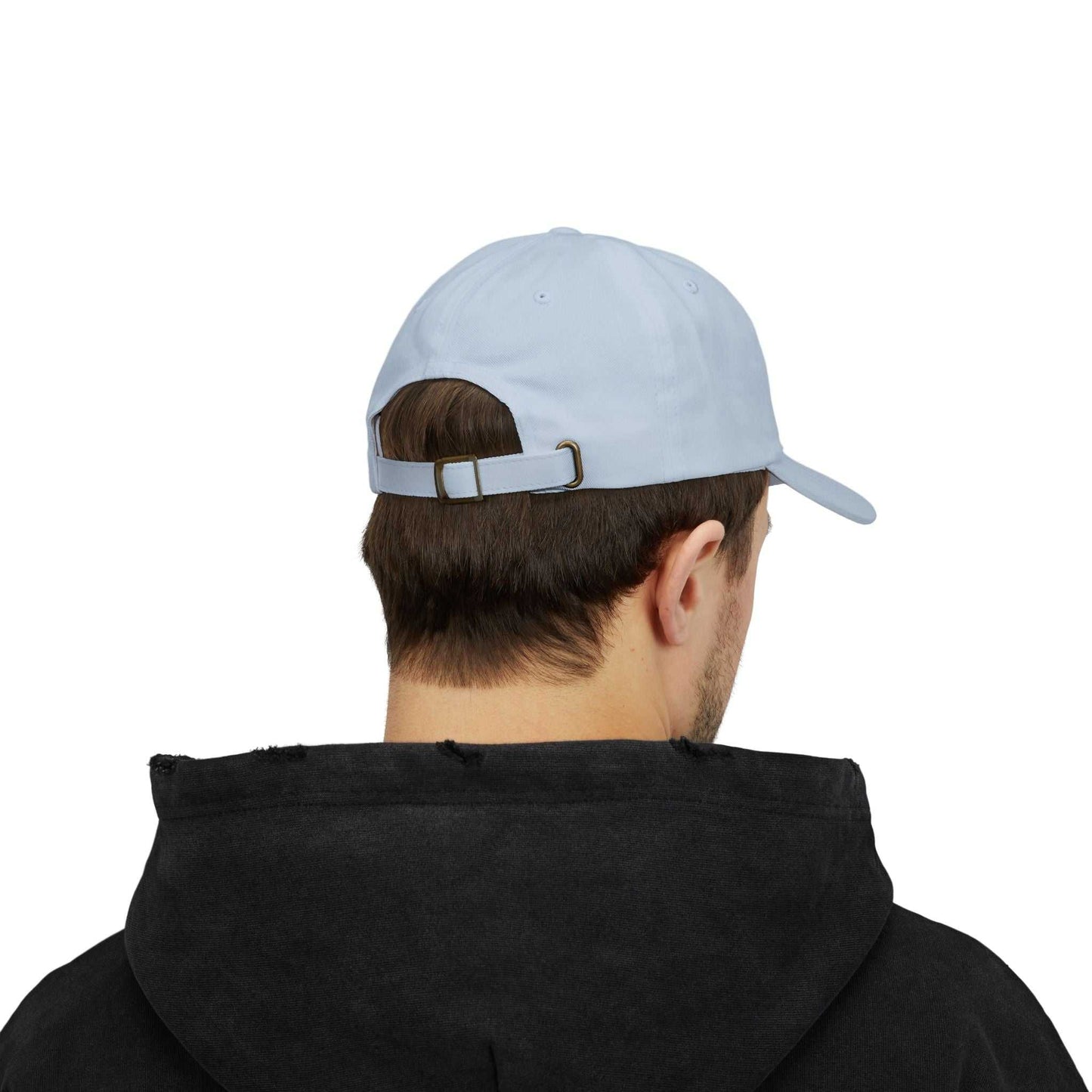 Classic Dad Cap with "Queen of Mystery" design, light blue, 6-panel structure, adjustable snap closure, worn by model from behind.