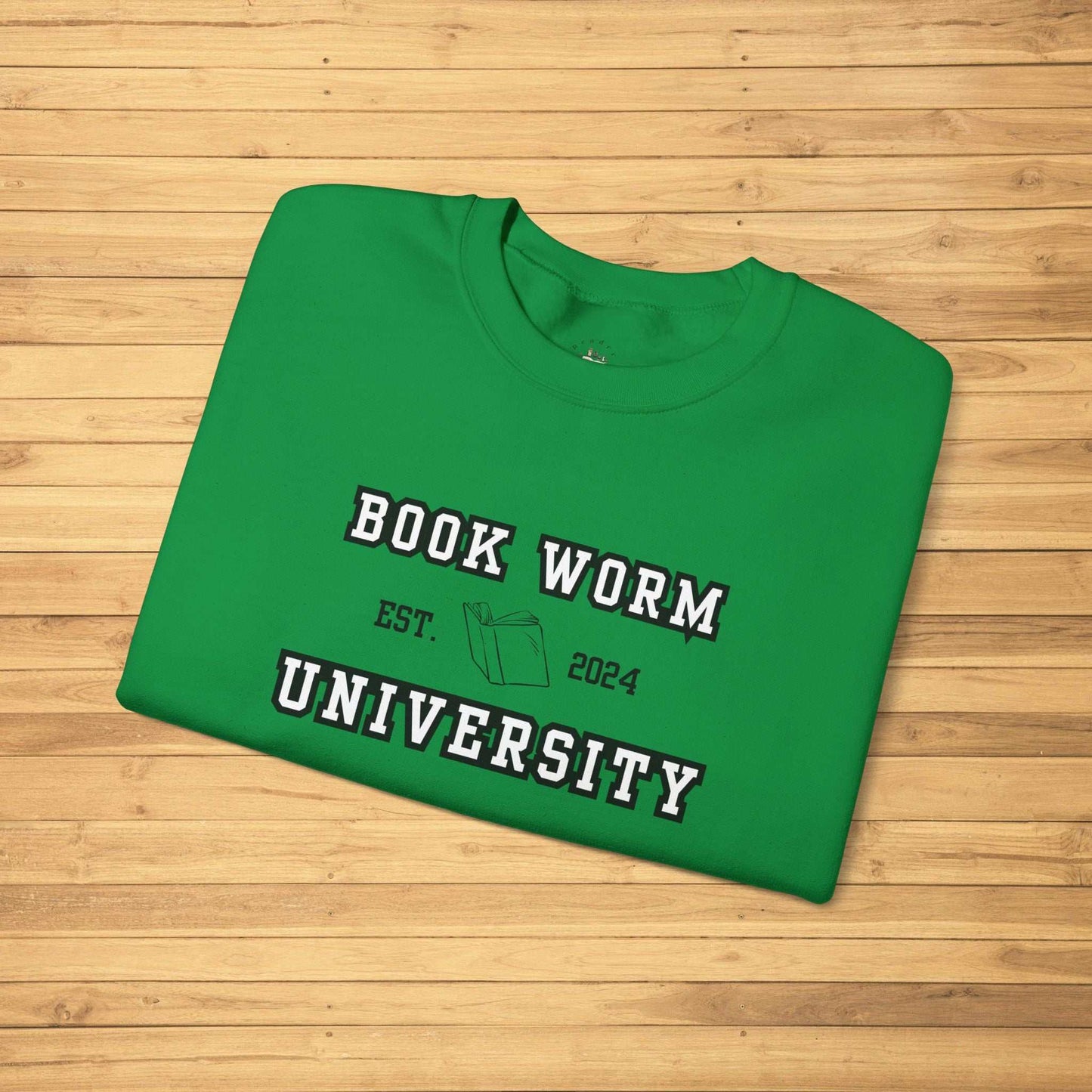 Bookworm University Crewneck Sweatshirt Est 2024 Design in green with book graphic.