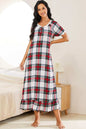 Plaid lace trim ruffle hem night dress with short sleeves