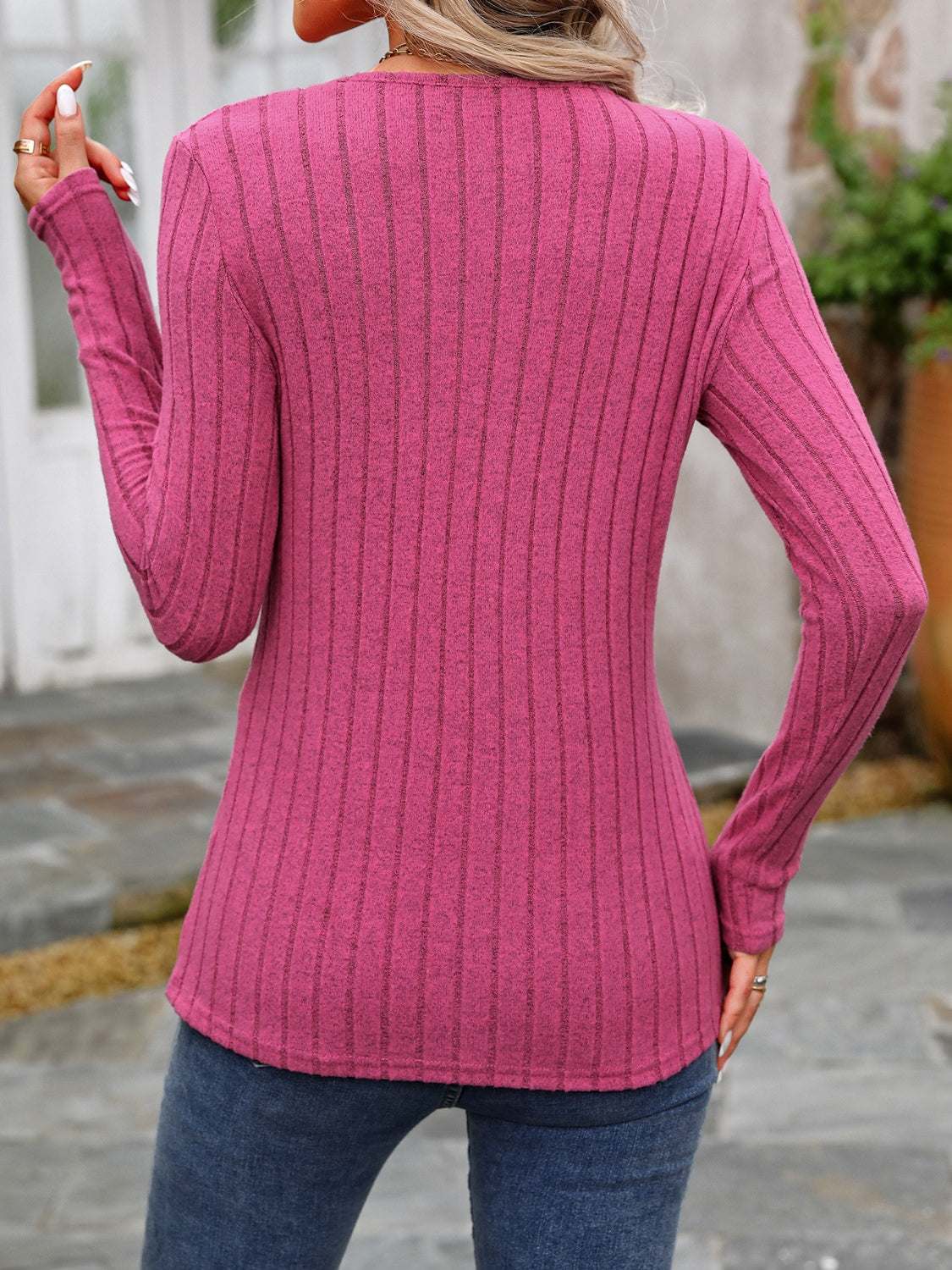 Decorative Button Round Neck Long Sleeve T-Shirt Deep Rose