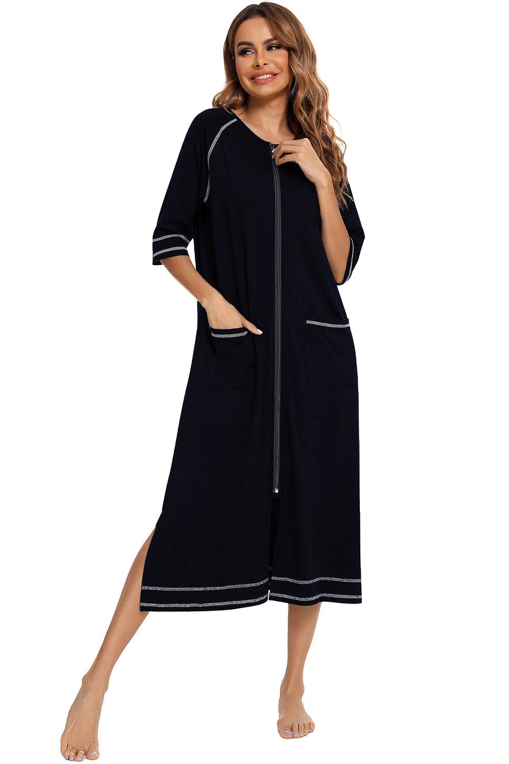 Zip up slit round neck night dress with pockets, featuring a comfortable and slightly stretchy fit.