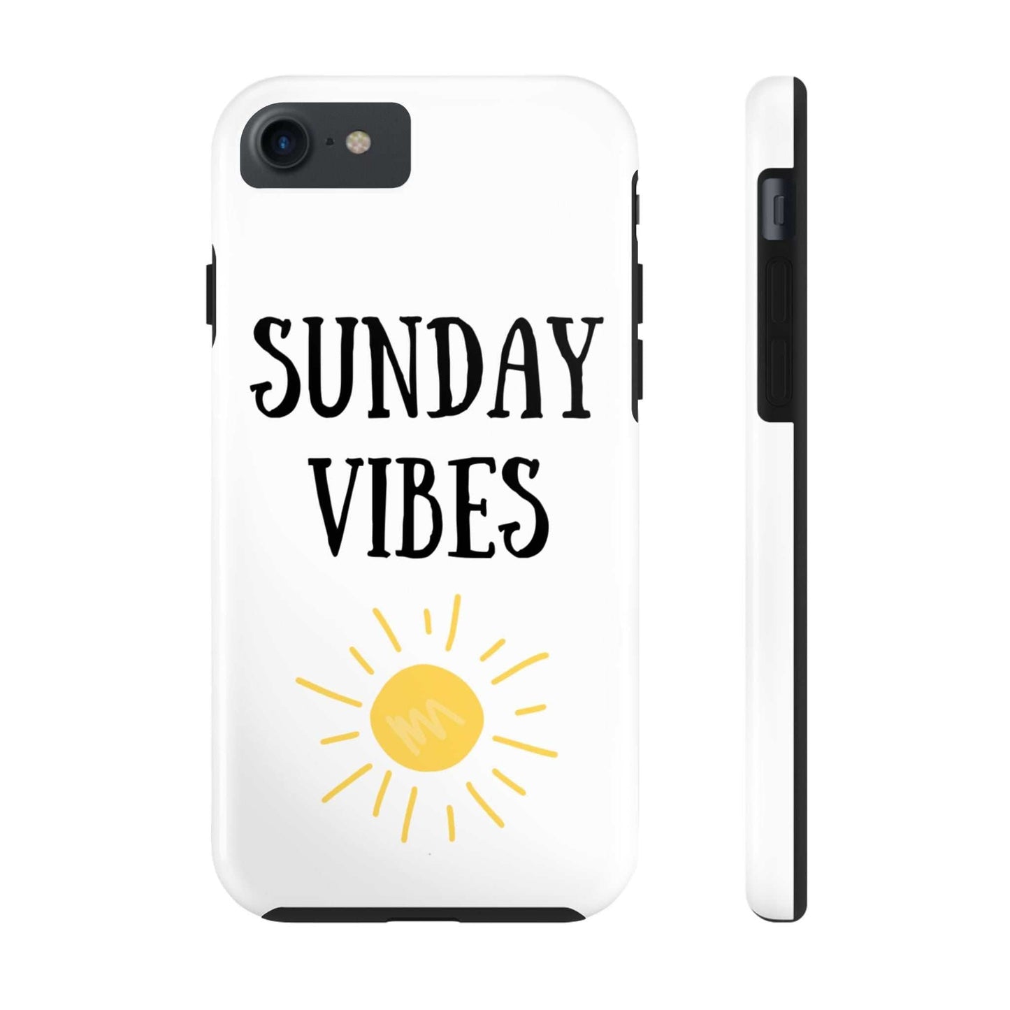 Phone case with 'Sunday Vibes' sun graphic design in durable Lexan plastic.