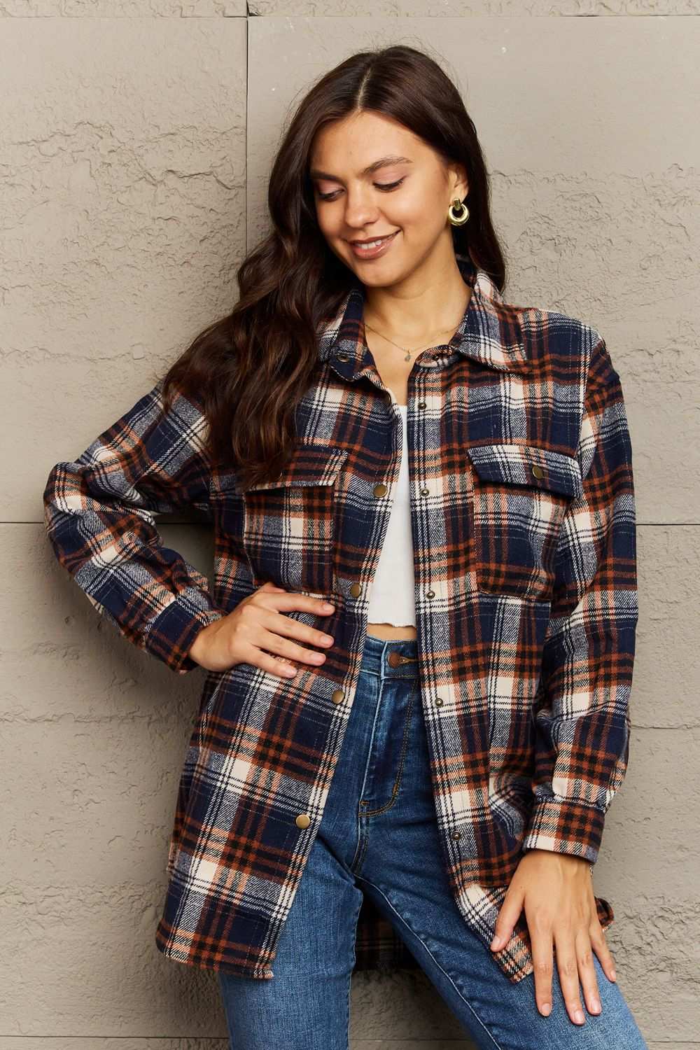 Ninexis Full Size Plaid Collared Neck Button-Down Long Sleeve Jacket Navy