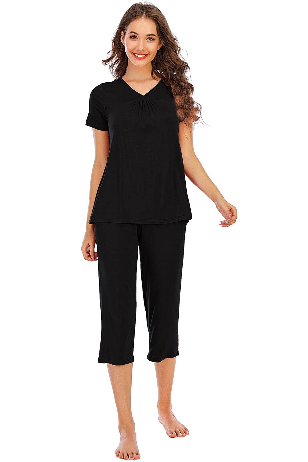 V-Neck Short Sleeve Top and Pants Lounge Set in black, stretchy and opaque, made of 95% rayon and 5% spandex.