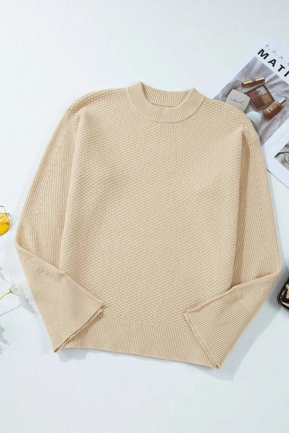 Textured Round Neck Long Sleeve Sweater Beige