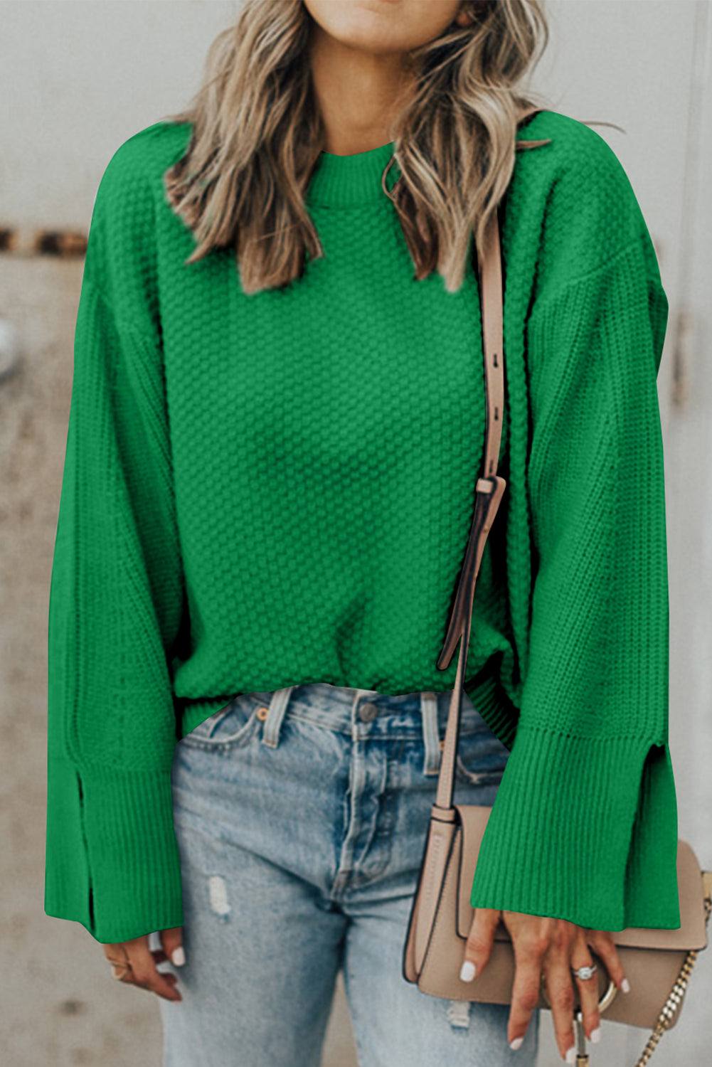 Textured Round Neck Long Sleeve Sweater Dark Green