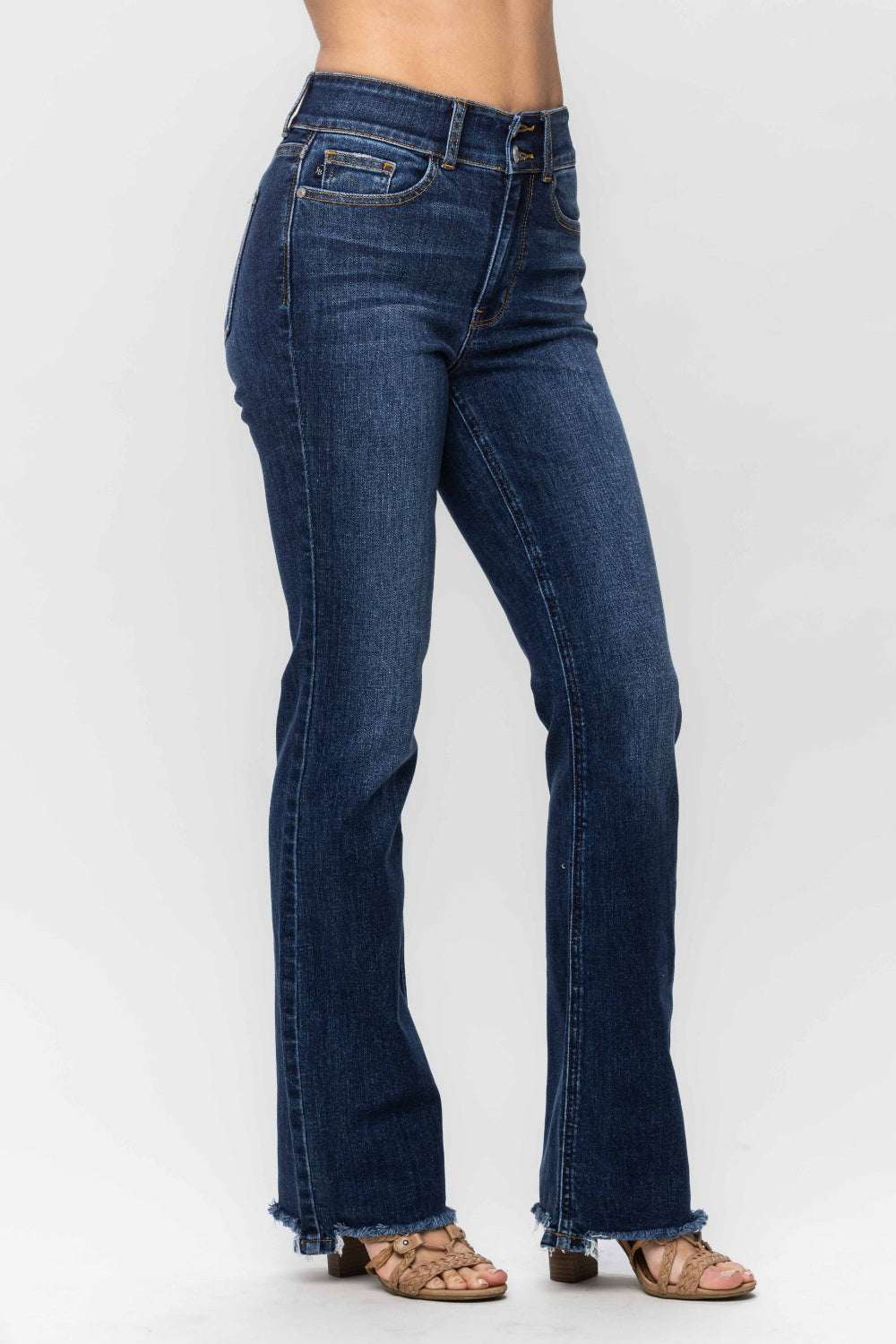 Judy Blue Full Size Frayed Hem Bootcut Jeans with distressed detailing and moderate stretch.