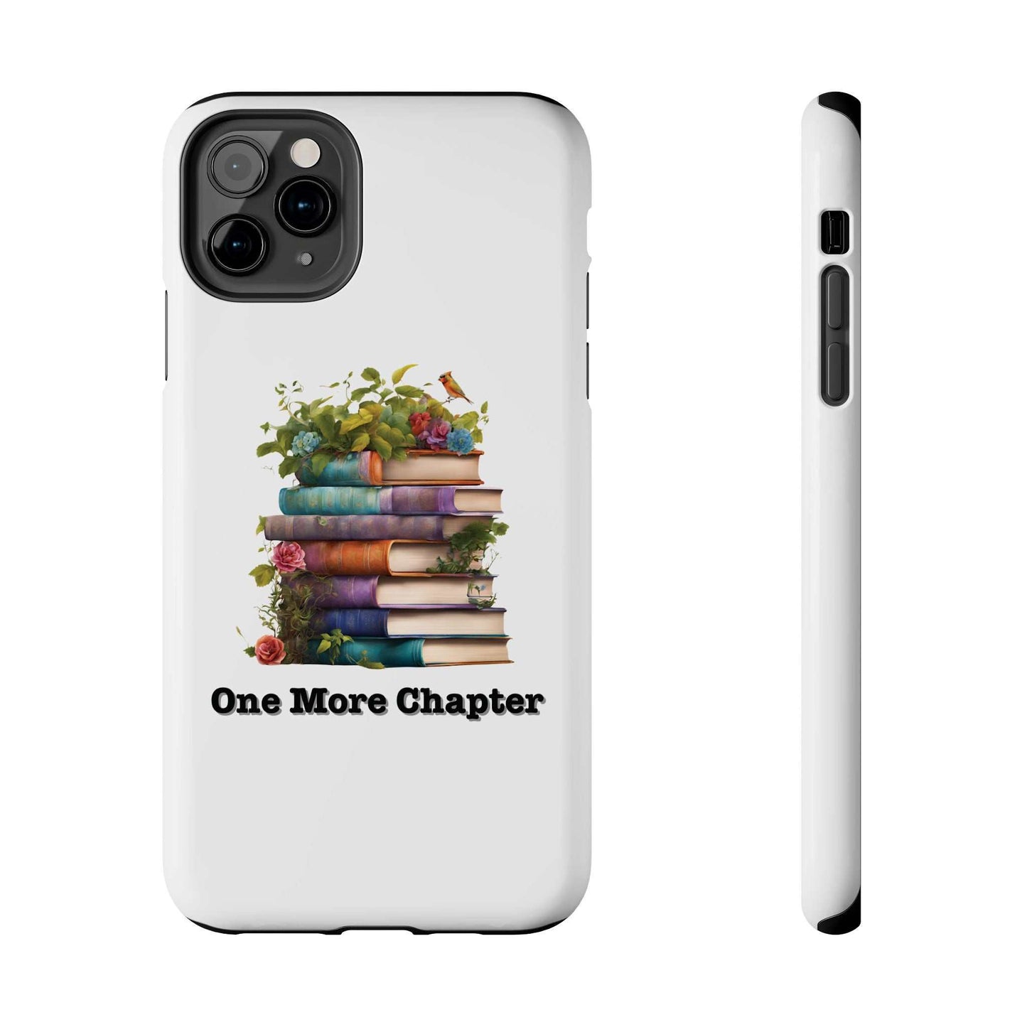 Phone case with book pile design, "One More Chapter," literary theme for book lovers.