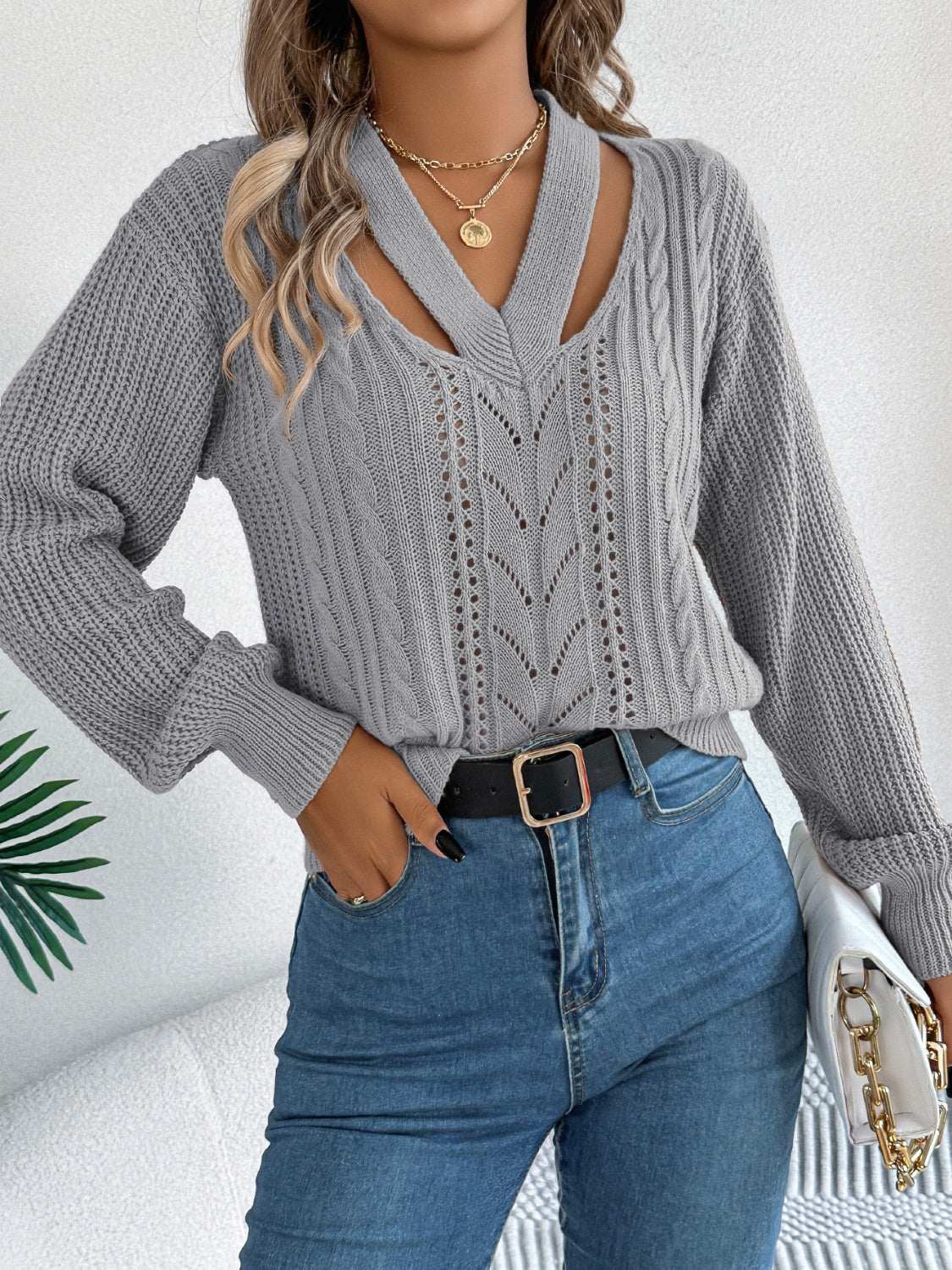 Cutout V-Neck Long Sleeve Sweater Gray