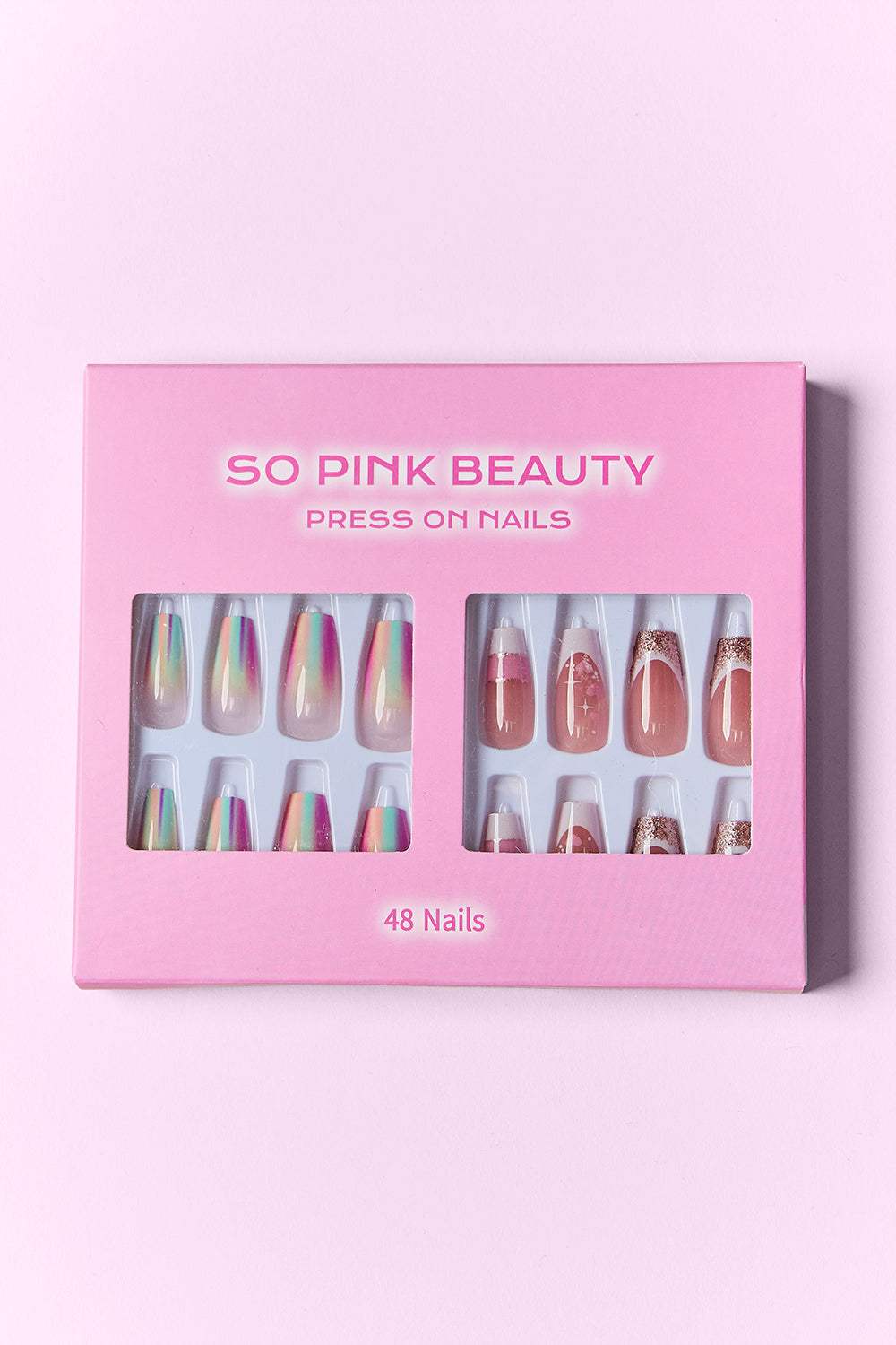 SO PINK BEAUTY Press On Nails 2 Packs with two distinct designs, 48 pieces, and glue included for easy application.