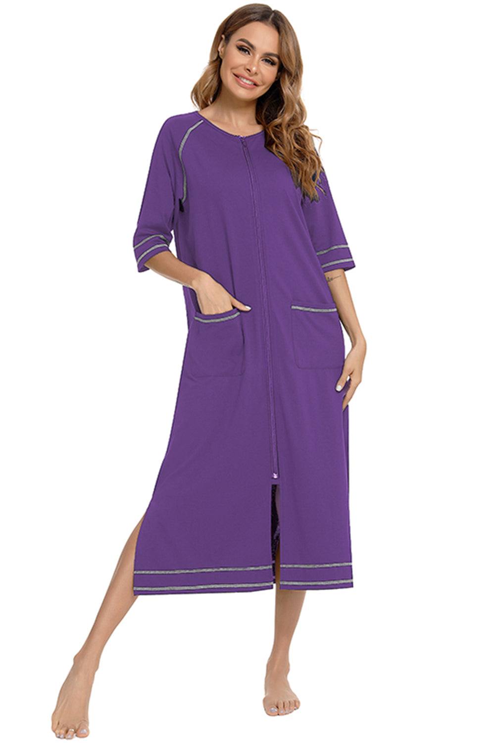 Zip up slit round neck night dress with pockets, purple color, slightly stretchy fabric.