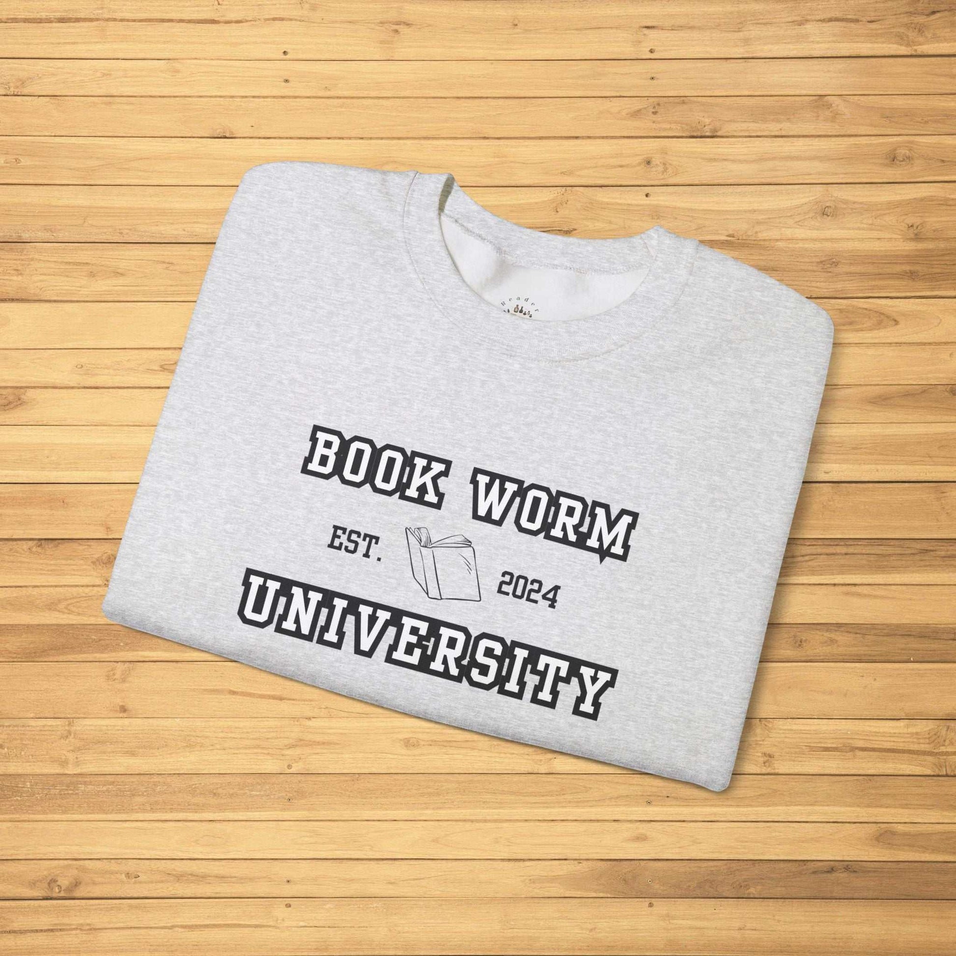 Bookworm University Crewneck Sweatshirt Est 2024 Design with book graphic, medium-heavy cotton-polyester blend, classic fit.