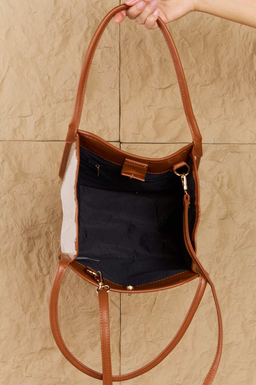 Fame Beach Chic Faux Leather Trim Tote Bag in Ochre with spacious black interior and adjustable shoulder strap.