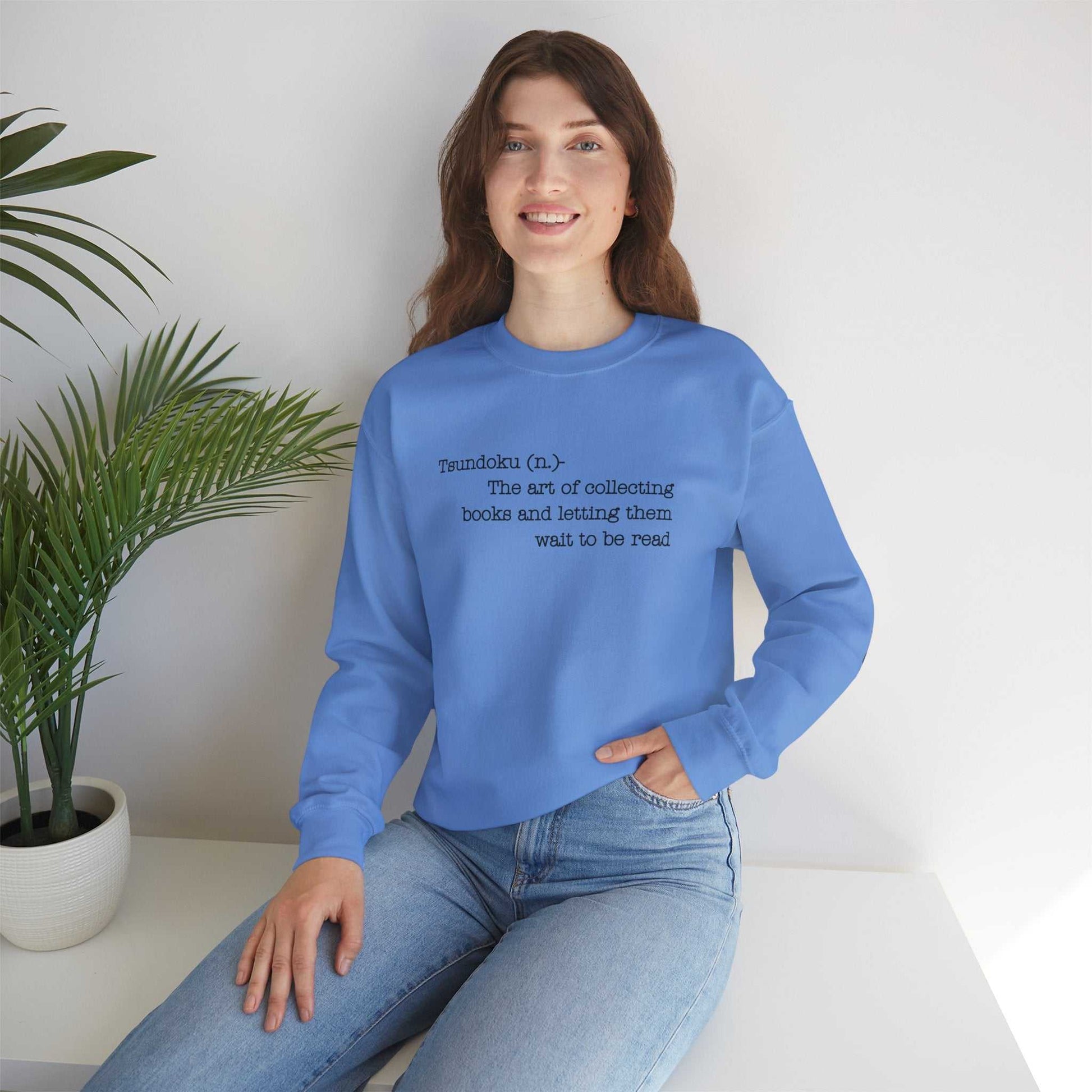 Tsundoku crewneck sweatshirt with book collection definition print, ideal for avid readers.