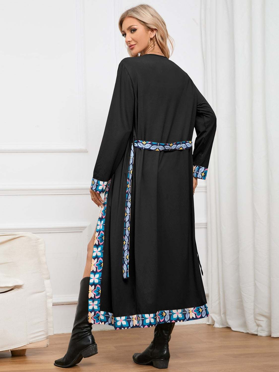 Floral Tie Front Long Sleeve Robe in black with colorful trim, featuring tied design and slightly stretchy fabric.