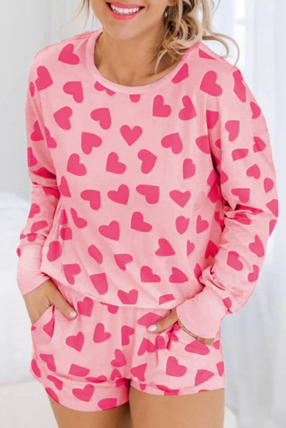 Heart print round neck top and shorts lounge set in pink.