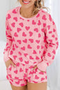 Heart print round neck top and shorts lounge set in pink.