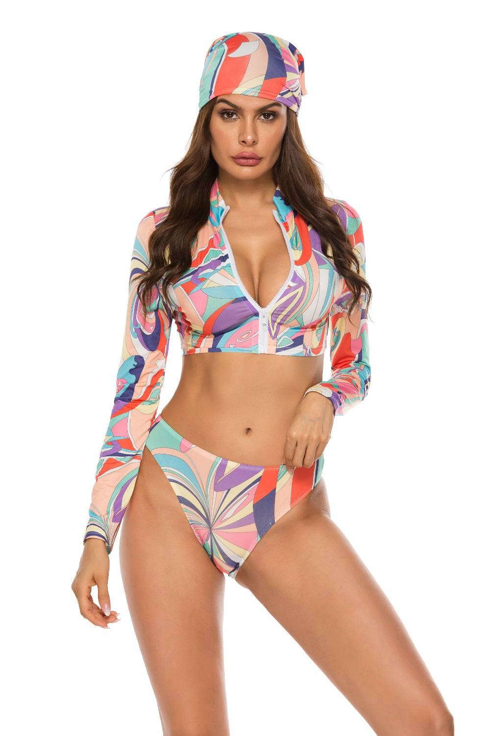 Colorful printed three-piece swim set with zip-up top.