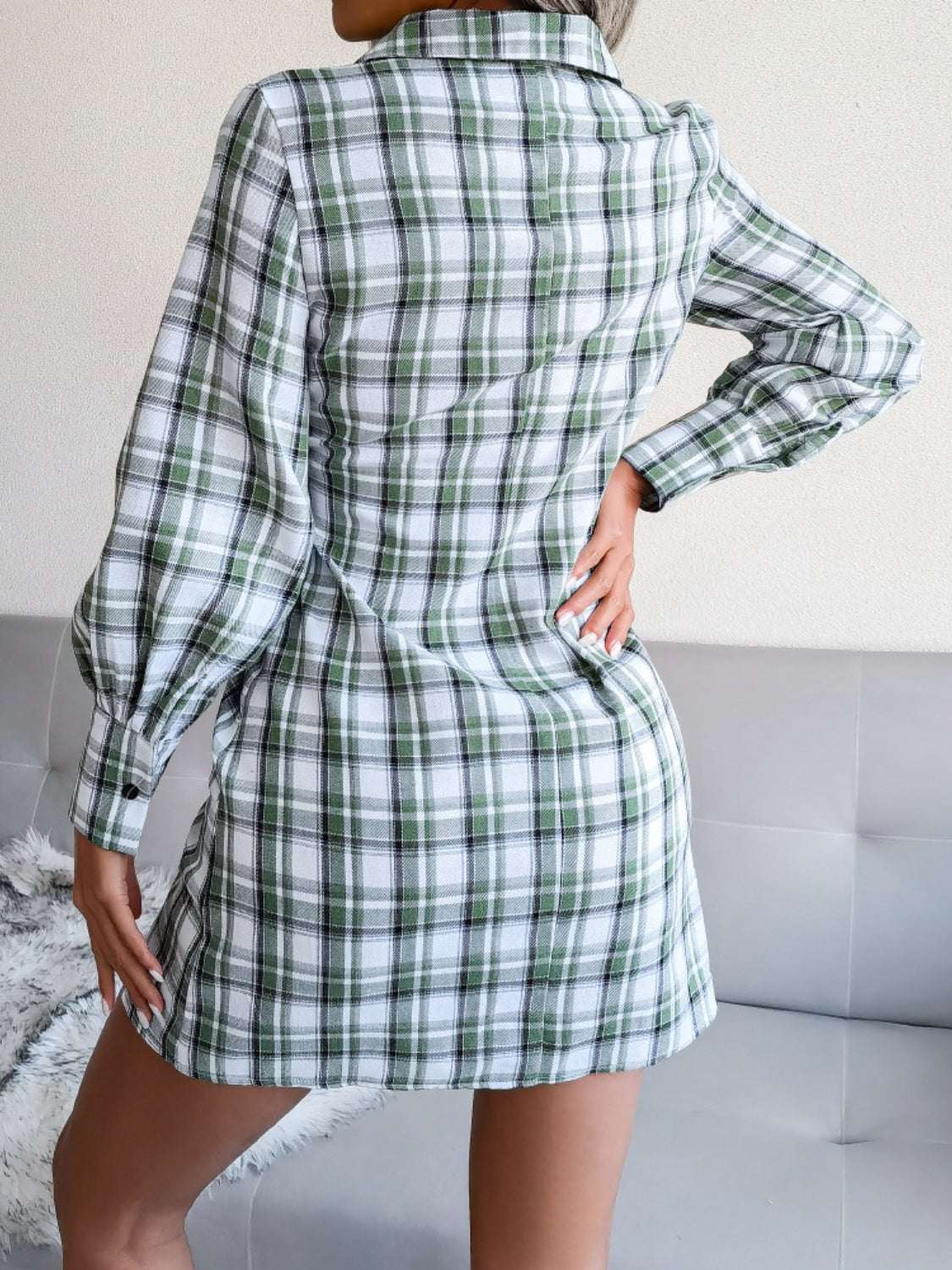 Tied Plaid Long Sleeve Mini Shirt Dress Royal Blue