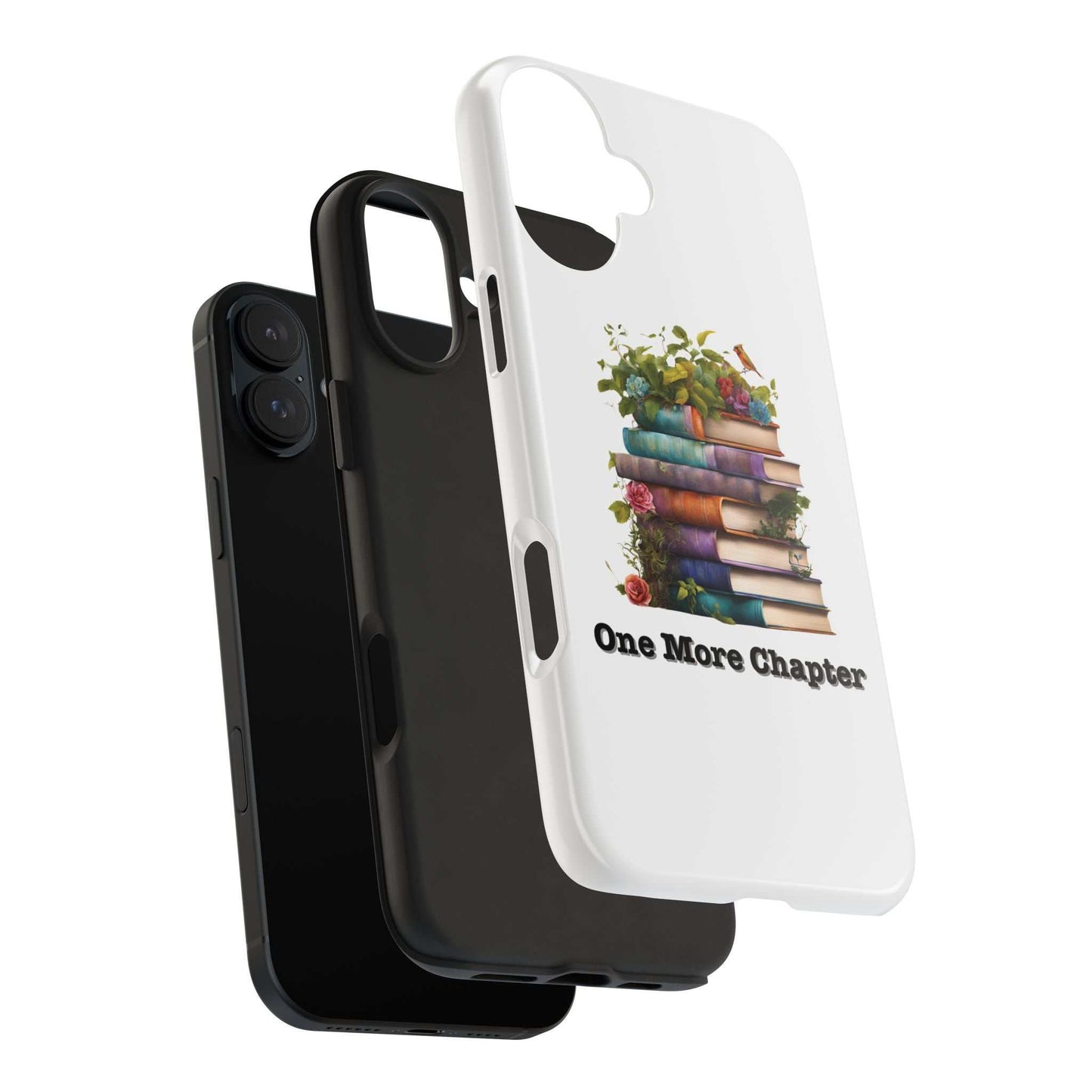 Phone case with "One More Chapter" book pile design for book lovers.