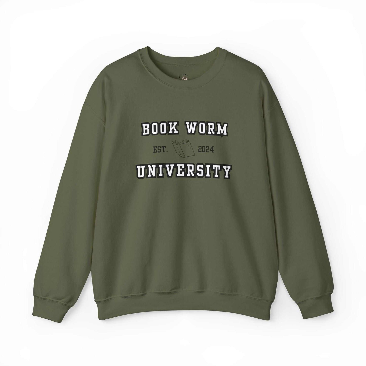 Bookworm University Crewneck Sweatshirt - Est 2024 Design in olive green with book graphic, made from 50% cotton and 50% polyester.