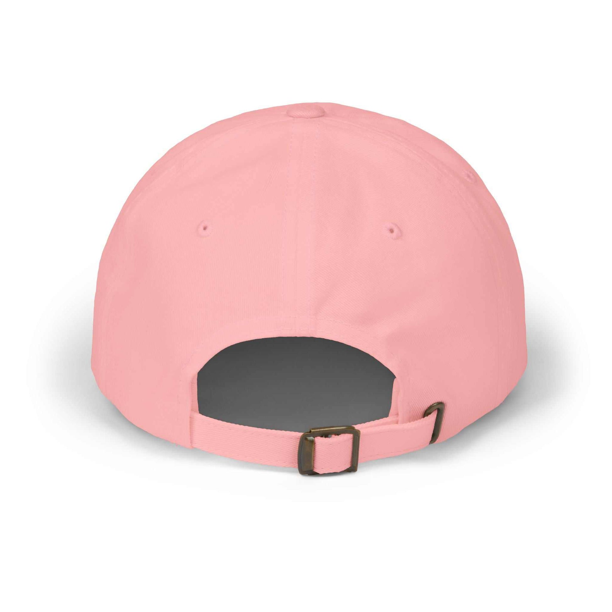 Pink classic dad cap with adjustable snap closure and "Queen of Mystery" design, feminine and empowering style.