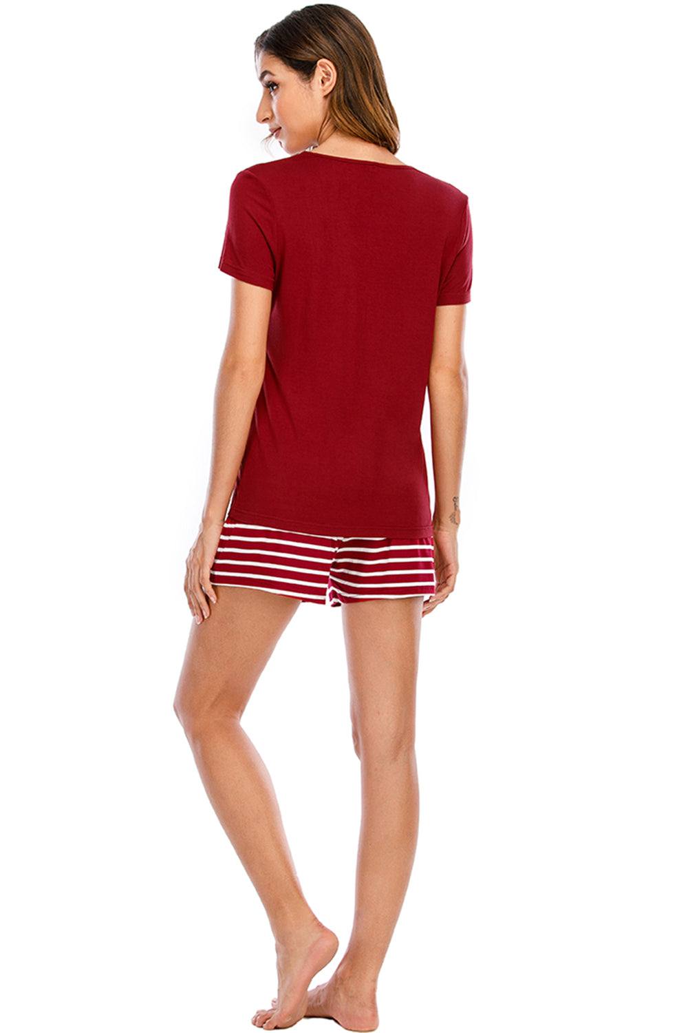 Graphic round neck top with striped shorts lounge set, basic style, two-piece outfit.