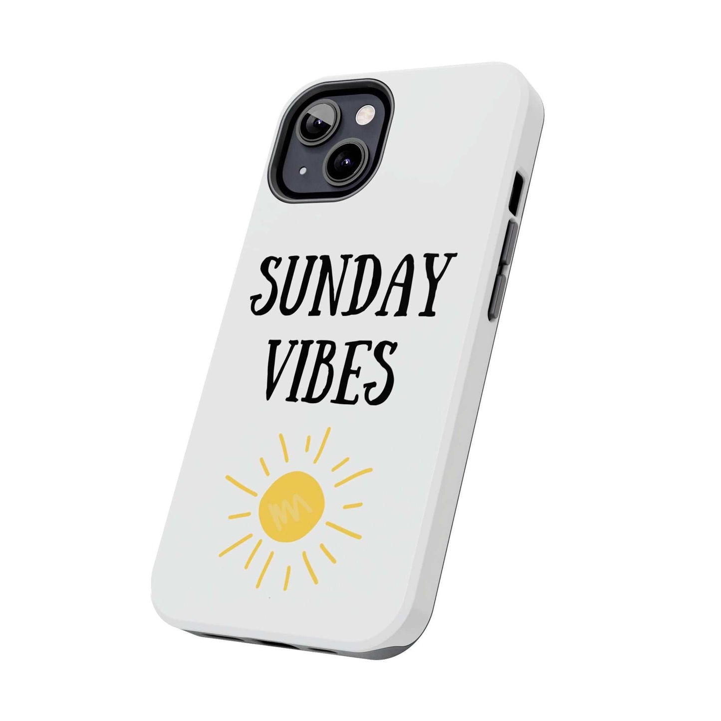 Phone case with 'Sunday Vibes' sun graphic design, durable Lexan plastic, relaxed mood.