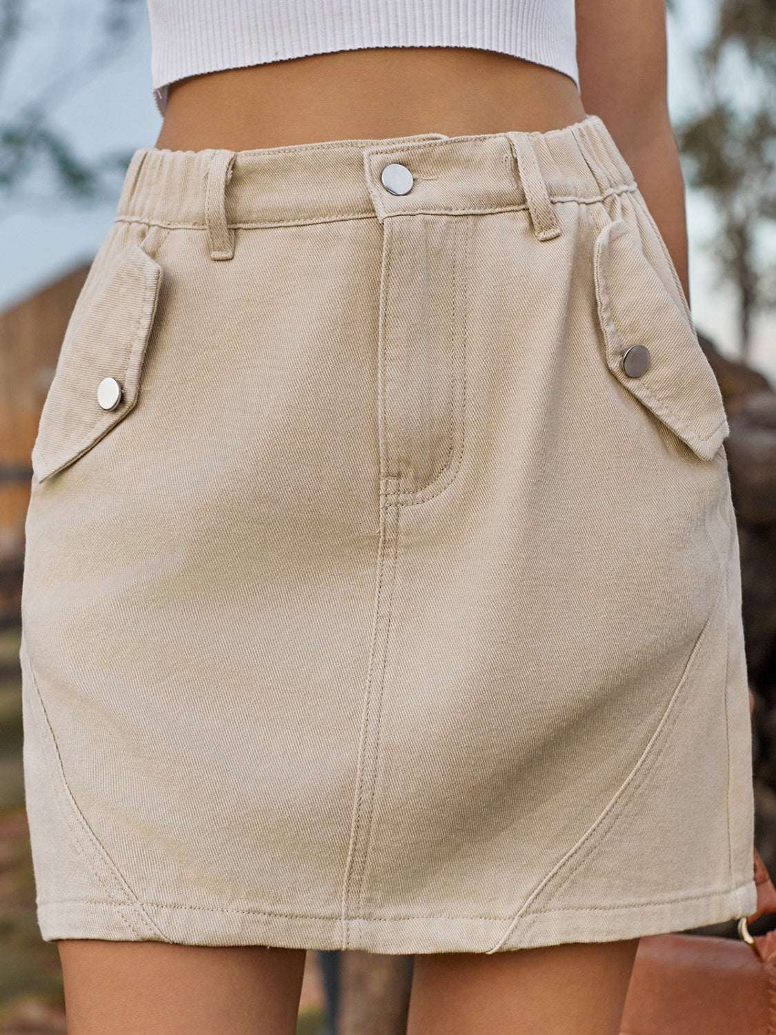 Pocketed Buttoned Mini Denim Skirt Tan