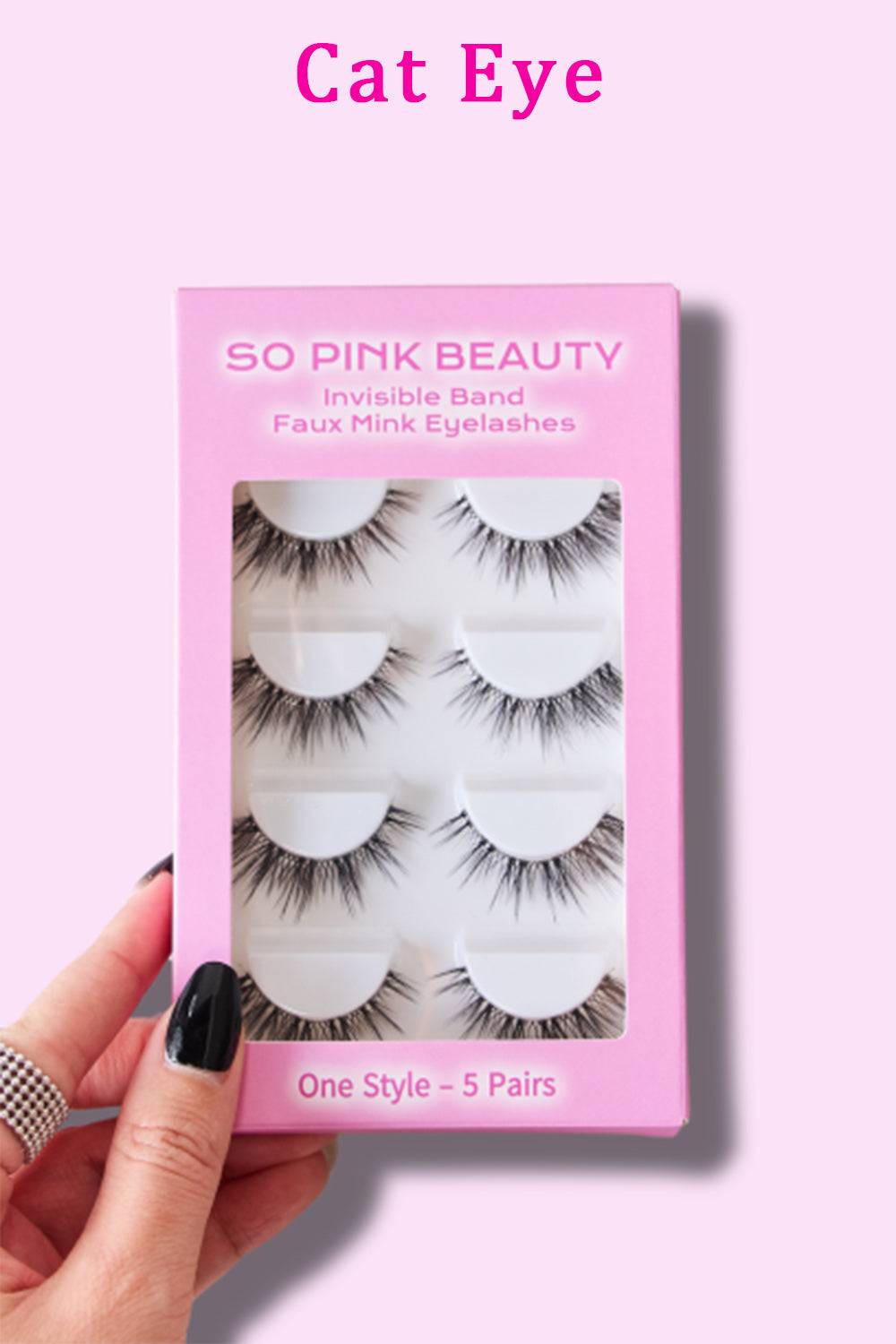 PINK BEAUTY Faux Mink Eyelashes 5 Pairs in pink packaging, held by a hand.