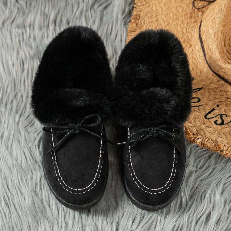 Thermal fuzzy tied round toe boots, black, flat heel, elastomer and polyester material.