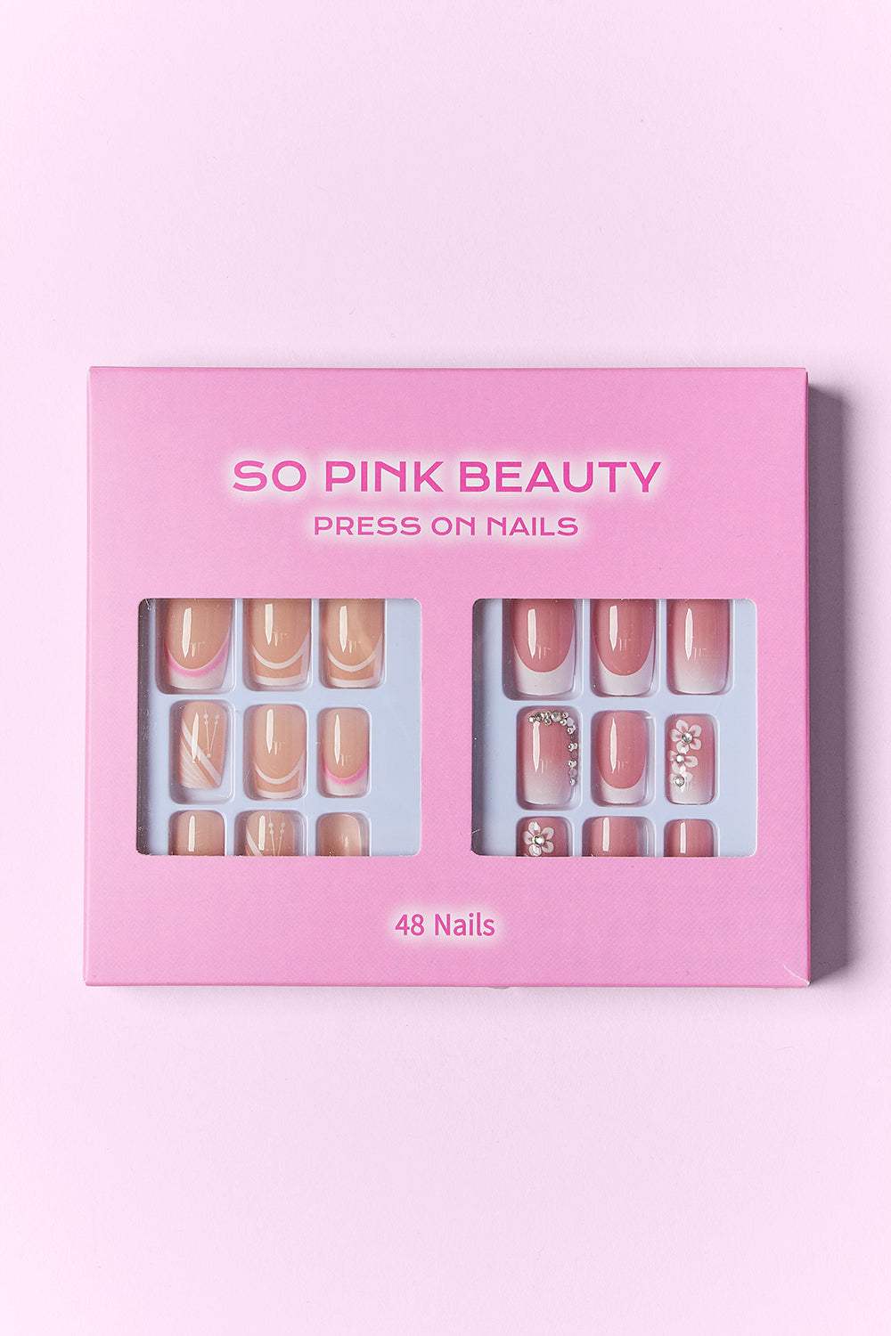 Pink Beauty Press-on Nails 2-pack with 48 pieces, featuring chic designs and easy application.